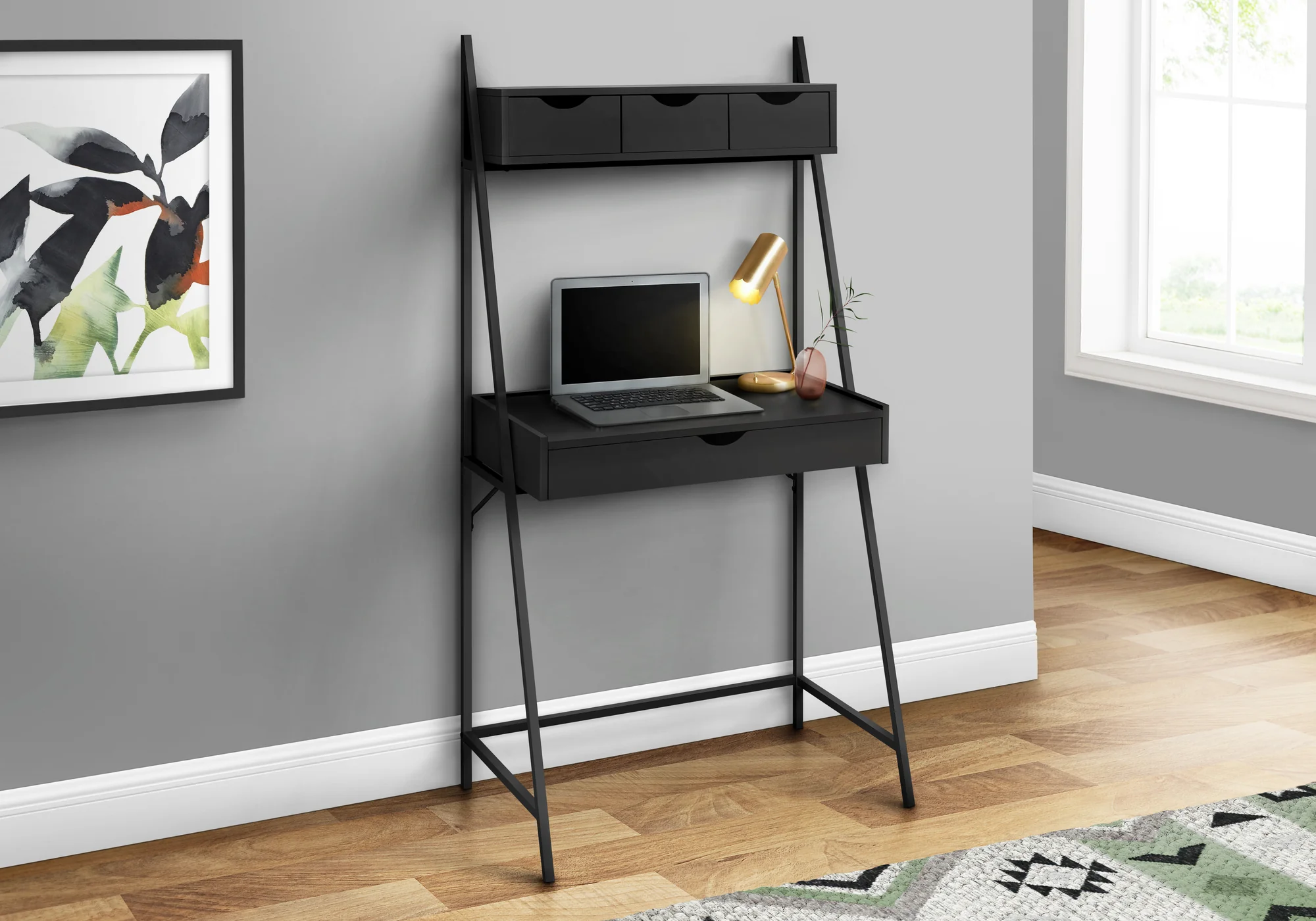 32" Black Desk with Hutch & Storage Drawers
