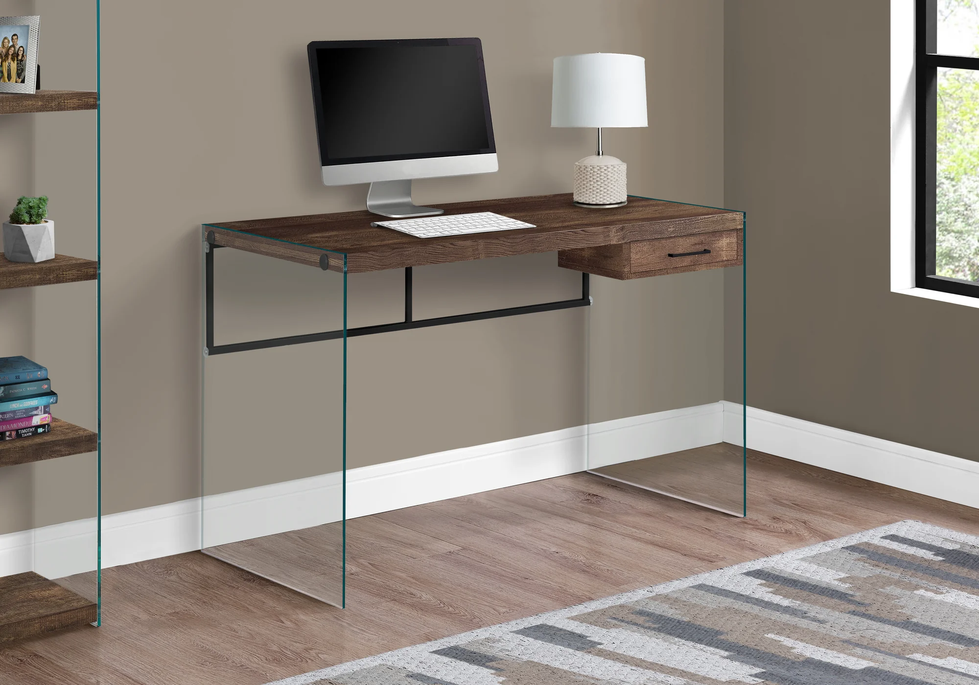 47" Glass & Reclaimed Brown Wood Desk with Drawer
