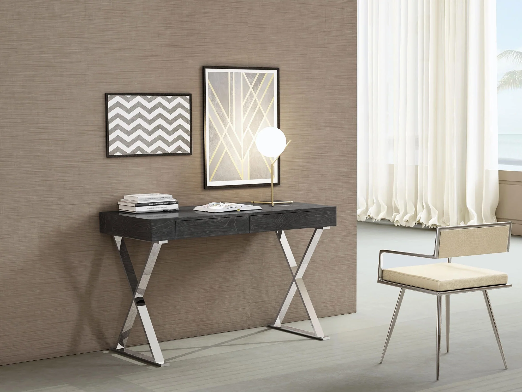 47" Gray Lacquer & Stainless X-Frame Desk with Drawers