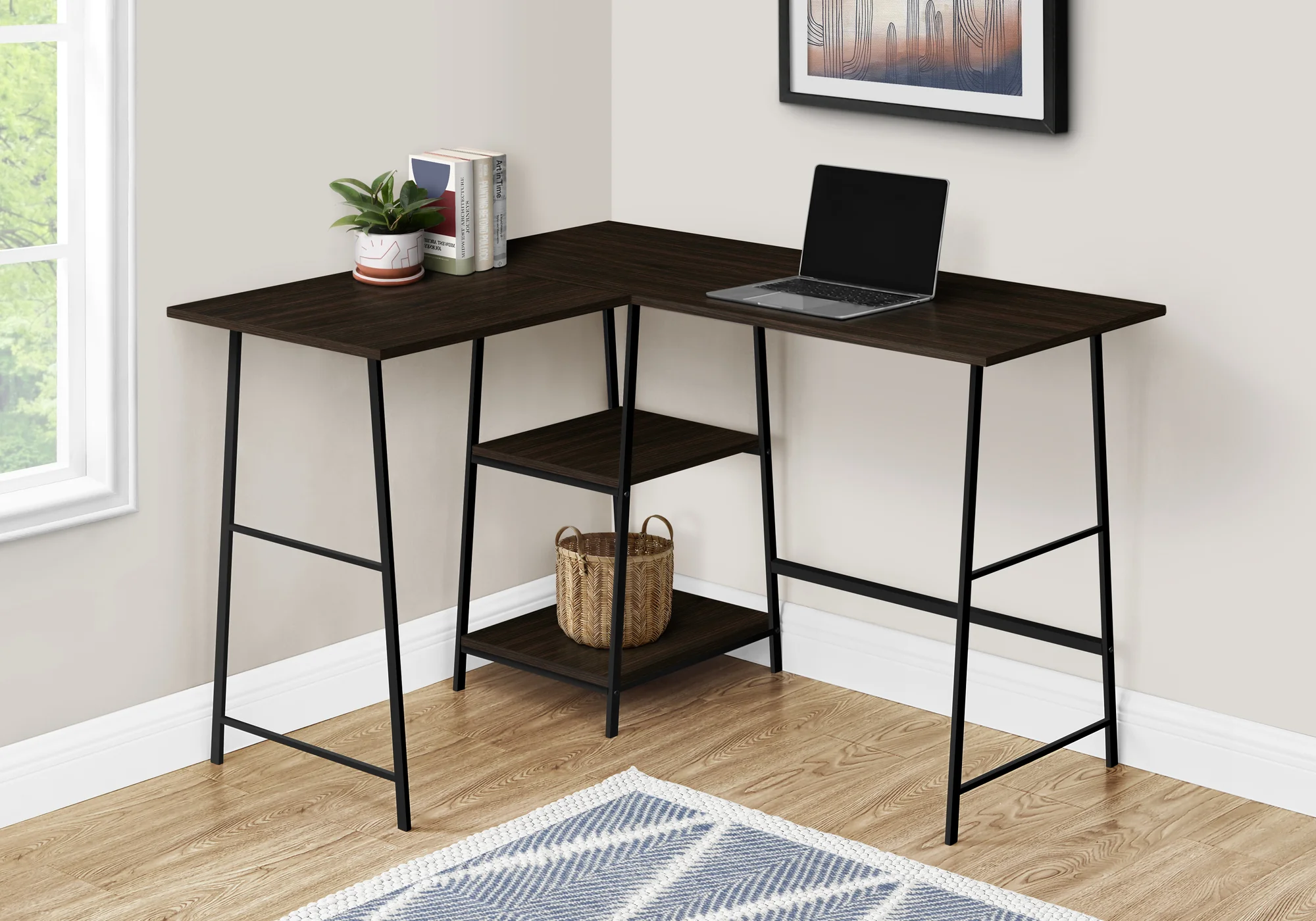 47" Industrial-Style L-Shaped Writing Desk with Open Shelves - Image 2