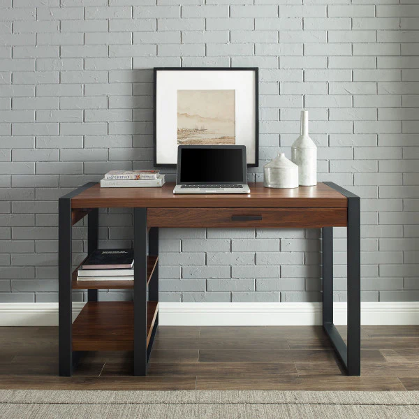 48" Dark Walnut Industrial Desk with Shelving & Charging Station - Image 2