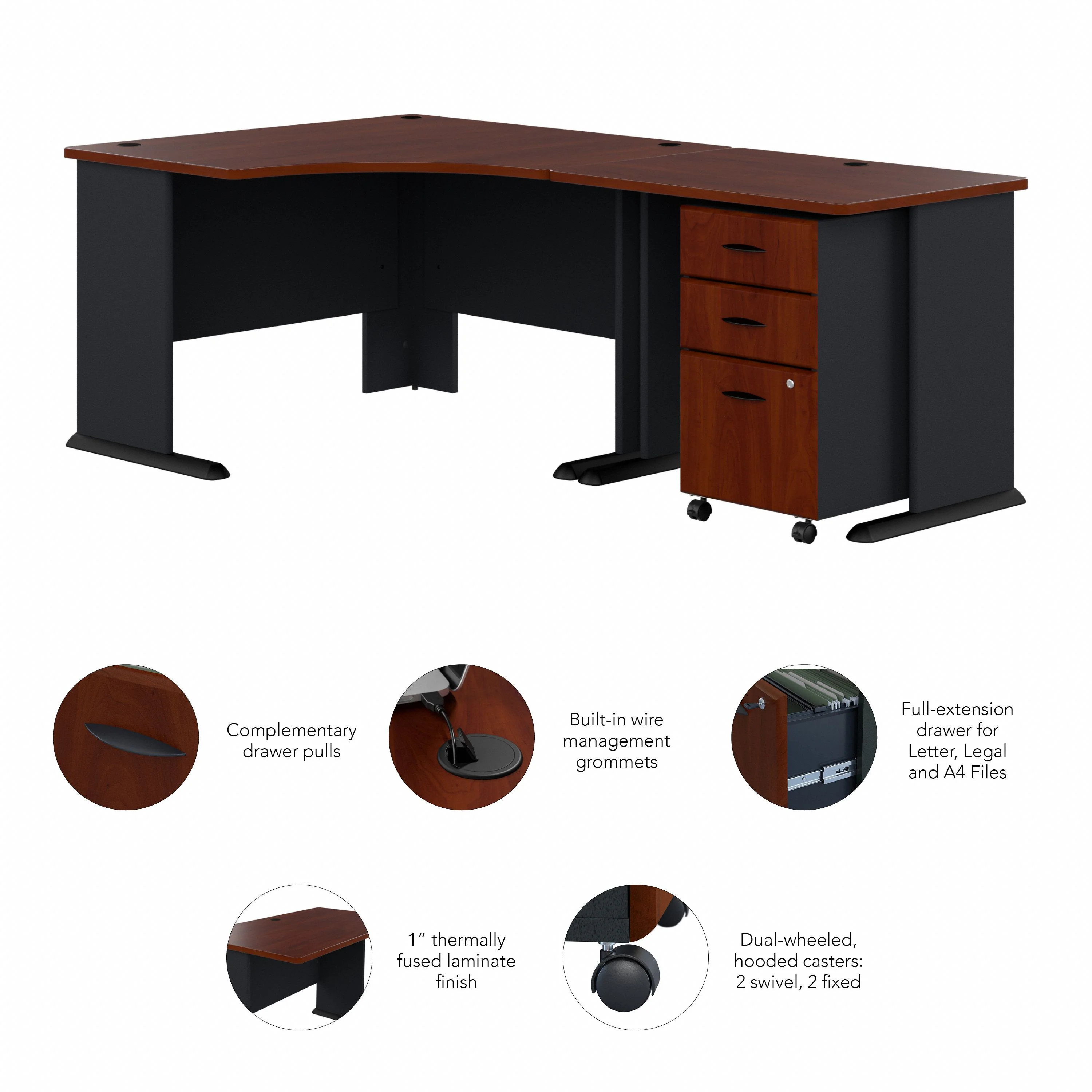 48" Corner Office Desk with Return and Mobile Pedestal in Hansen Cherry - Image 5