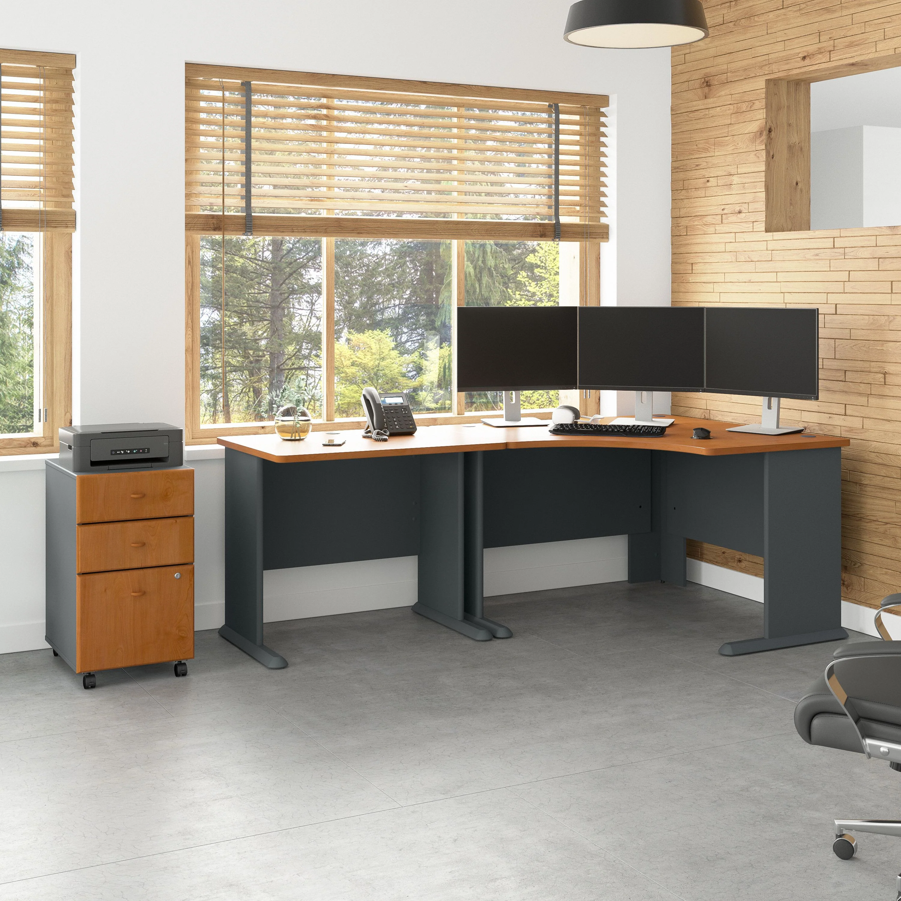 48" Corner Office Desk with Return and Mobile Pedestal in Natural Cherry/Slate - Image 2
