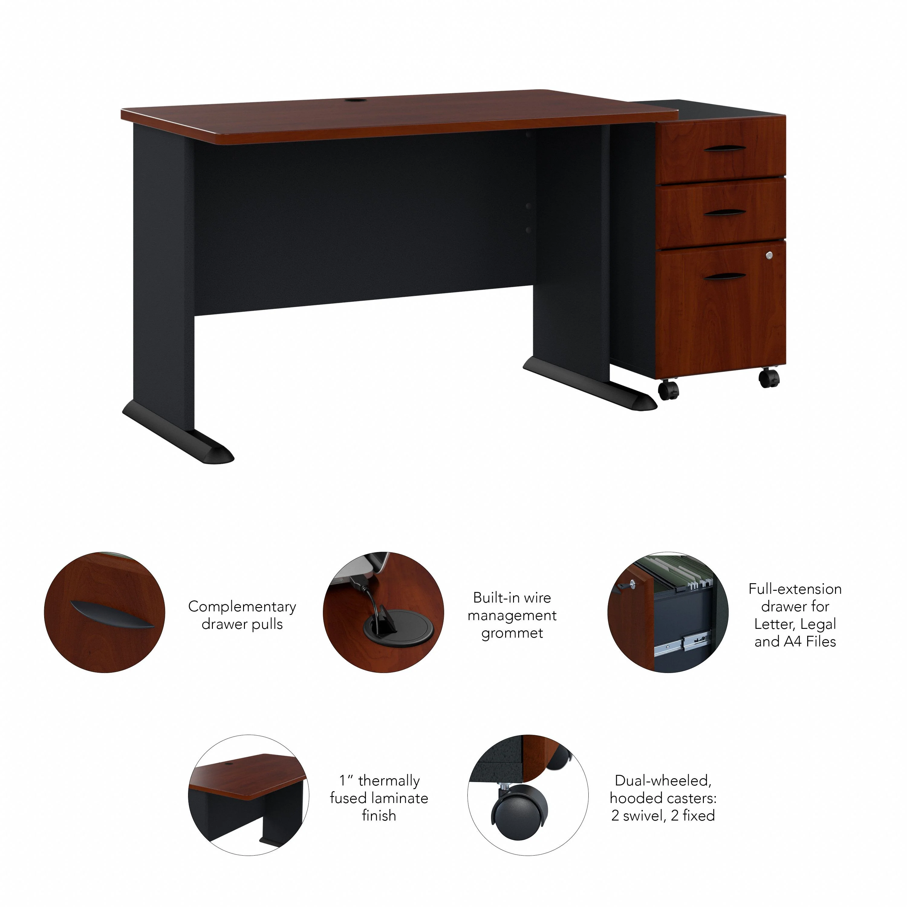 48" Modern Desk with 3-Drawer Mobile Pedestal in Hansen Cherry/Galaxy - Image 6