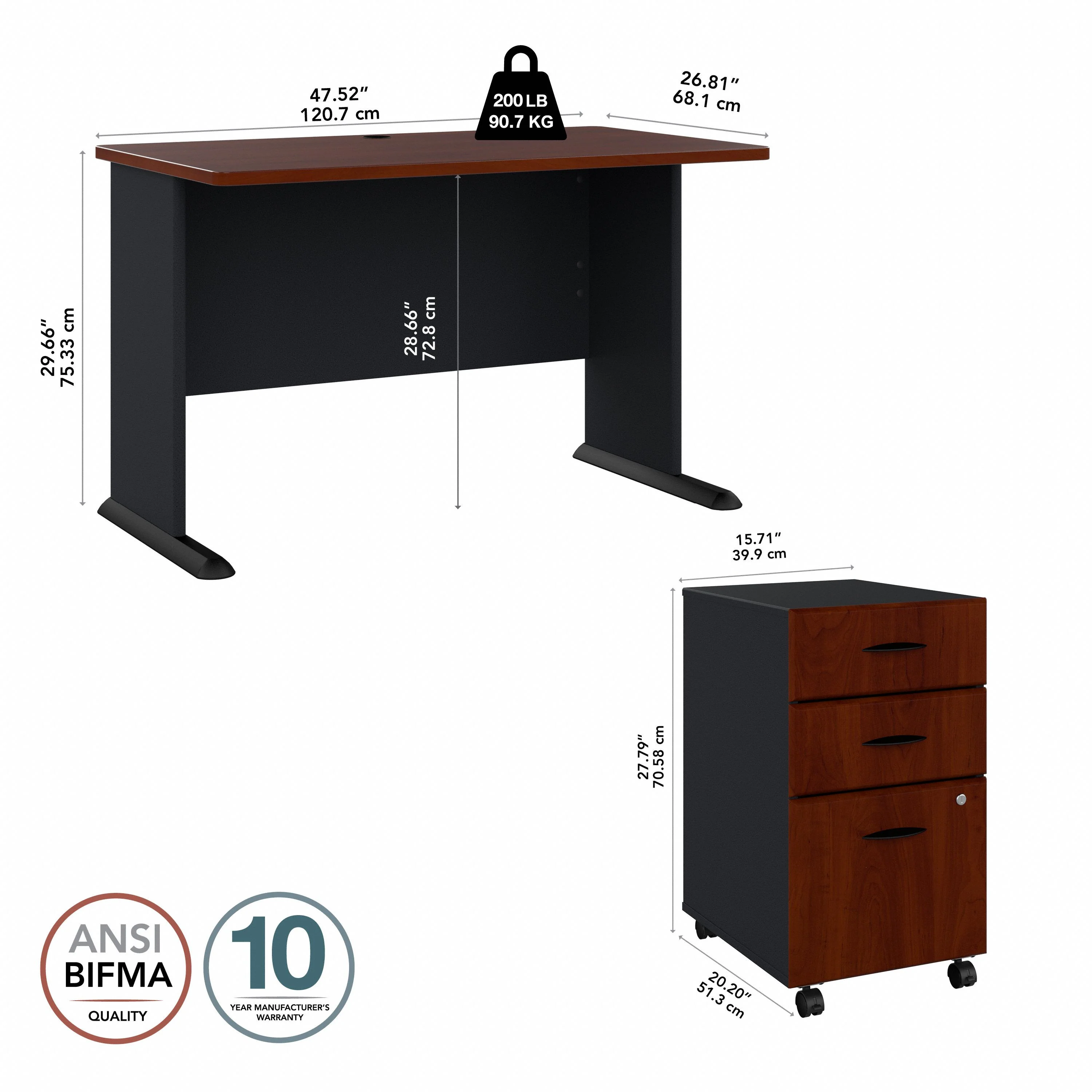 48" Modern Desk with 3-Drawer Mobile Pedestal in Hansen Cherry/Galaxy - Image 7