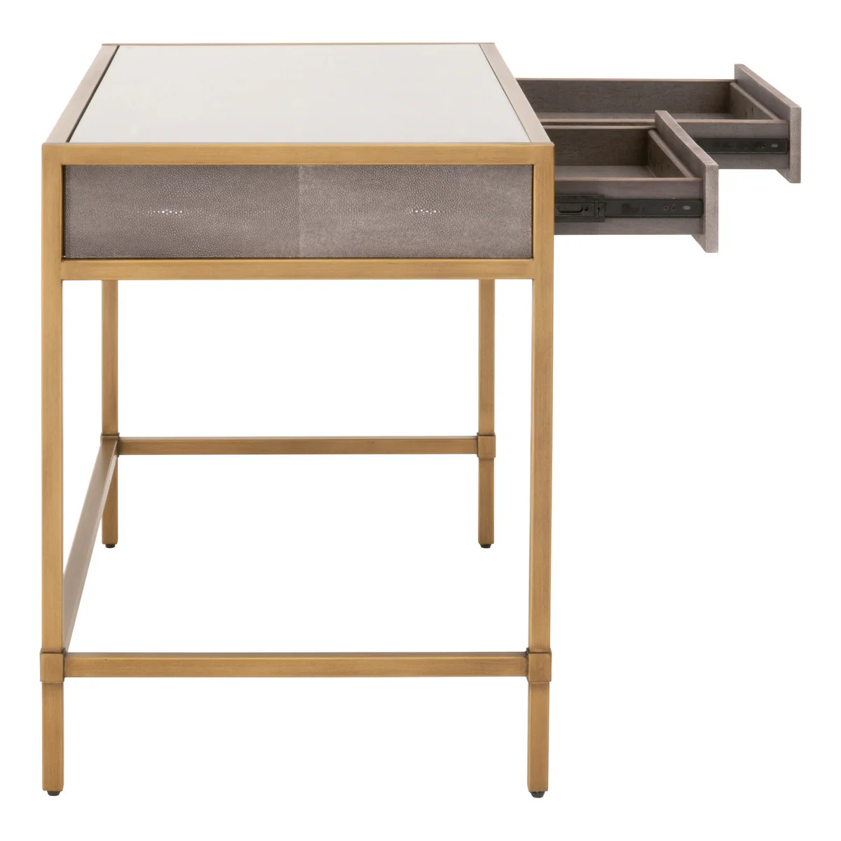 49" Brushed Gold & Faux Shagreen Resin Desk with Glass Top - Image 5