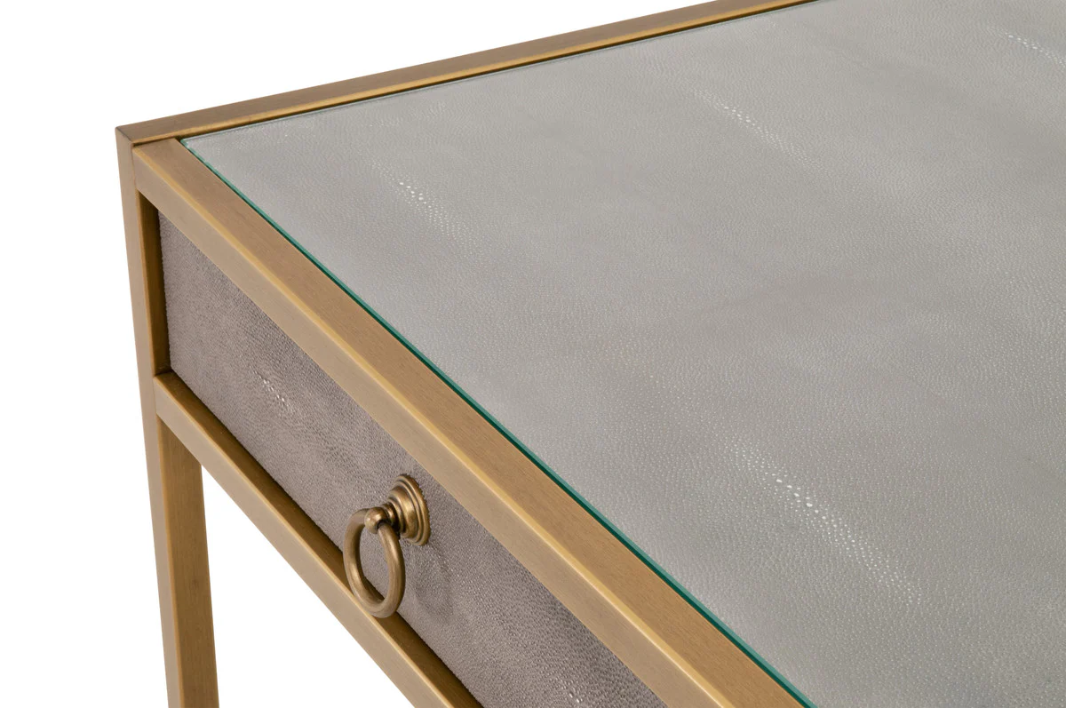 49" Brushed Gold & Faux Shagreen Resin Desk with Glass Top - Image 6