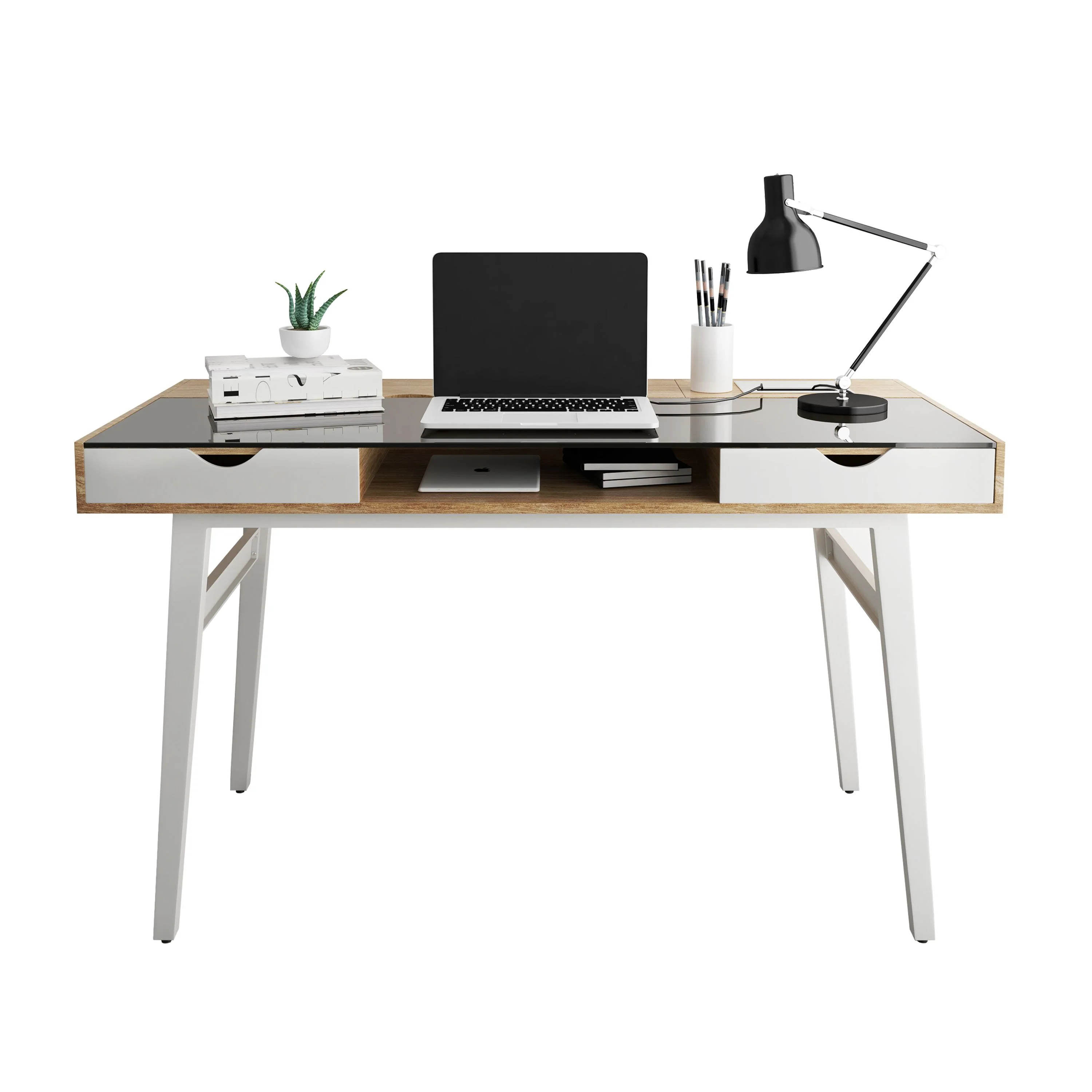 51" Walnut & Tempered Glass Desk with 2 Drawers - Image 2