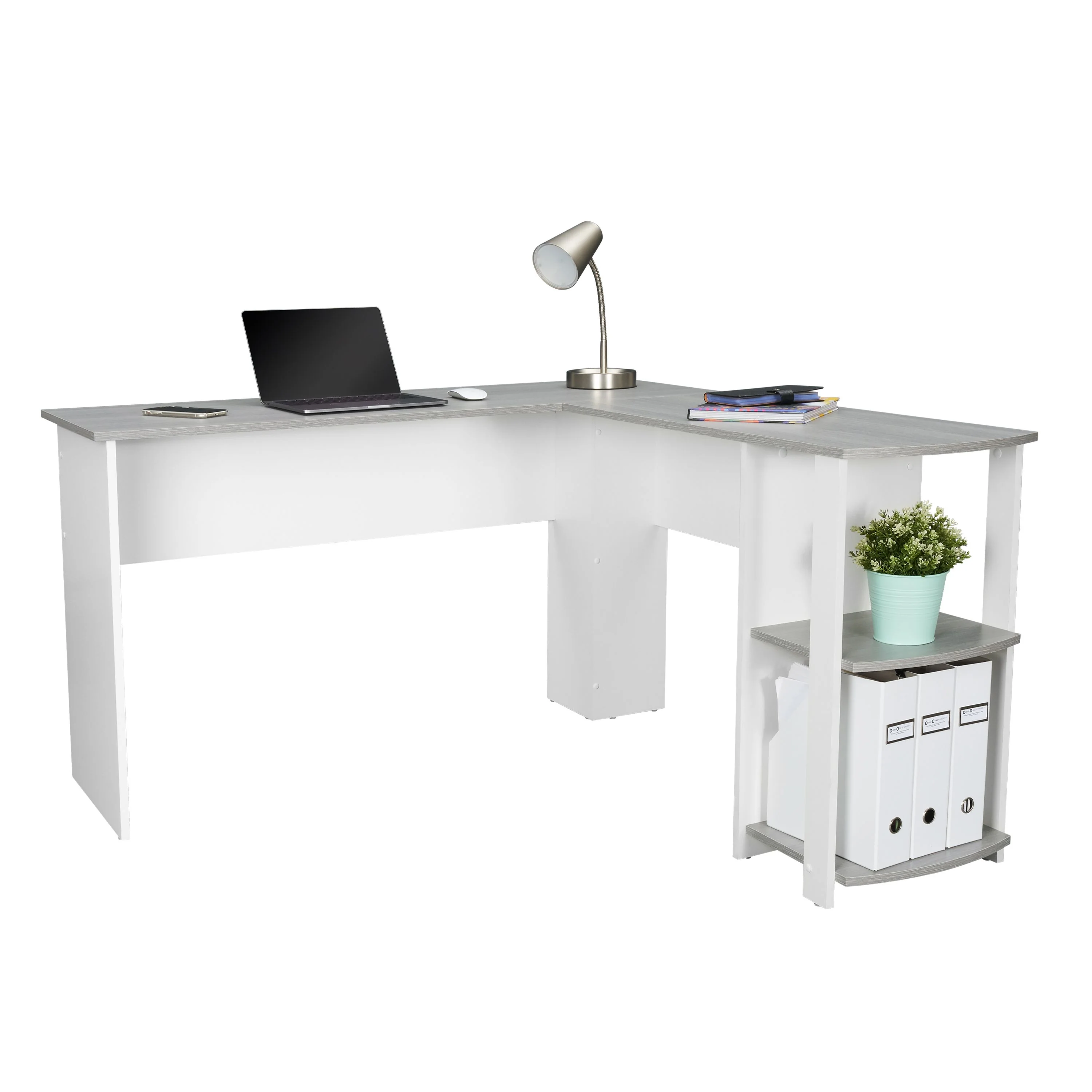54" L-Desk in White & Gray with Built-in Bookshelf - Image 2
