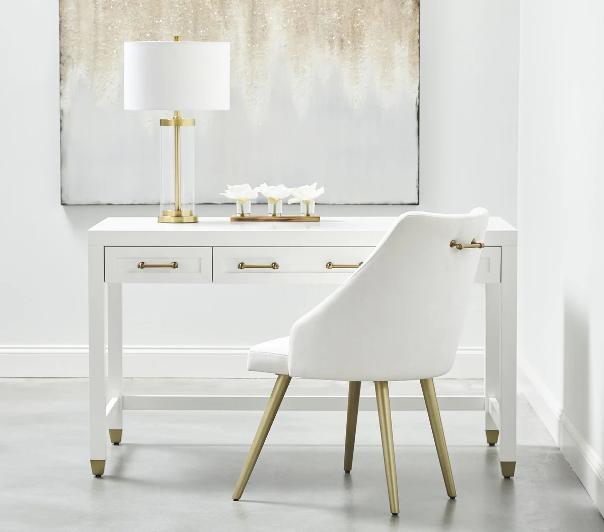 54" Matte White Lacquer & Brushed Brass Executive Desk - Image 3