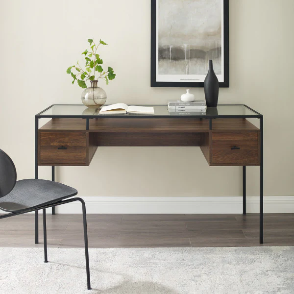 56" Dark Walnut Executive Desk with Glass Top & Side Drawers - Image 2