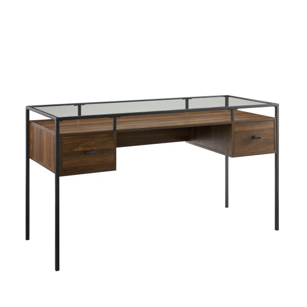 56" Dark Walnut Executive Desk with Glass Top & Side Drawers - Image 3
