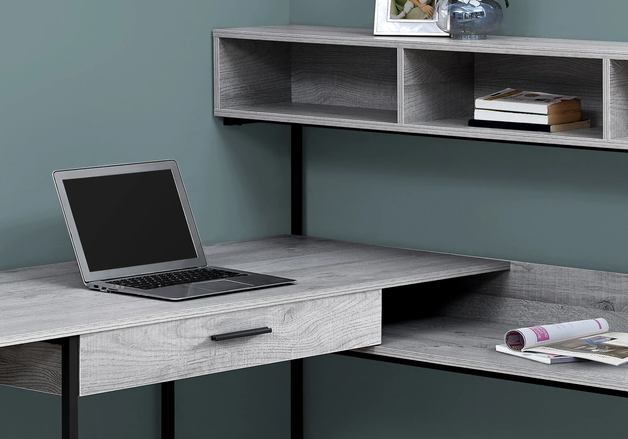 59" L-Shaped Corner Desk in Gray & Black Metal - Image 3