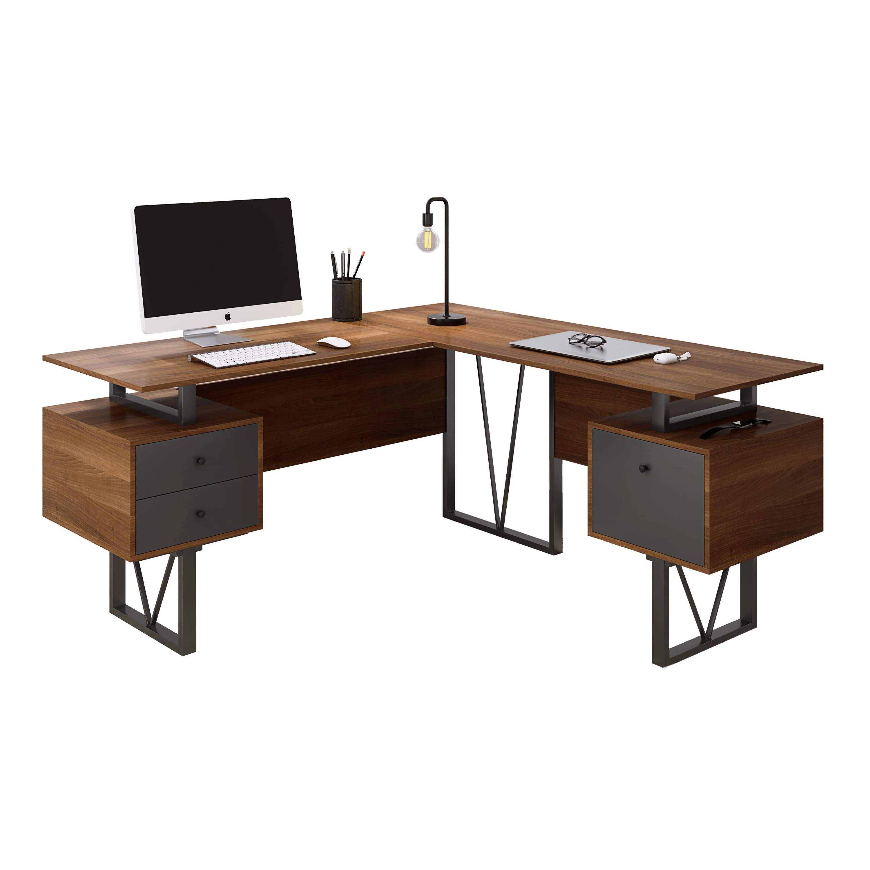 59" L-Shaped Floating Desk with 2 File Cabinets in Walnut - Image 2