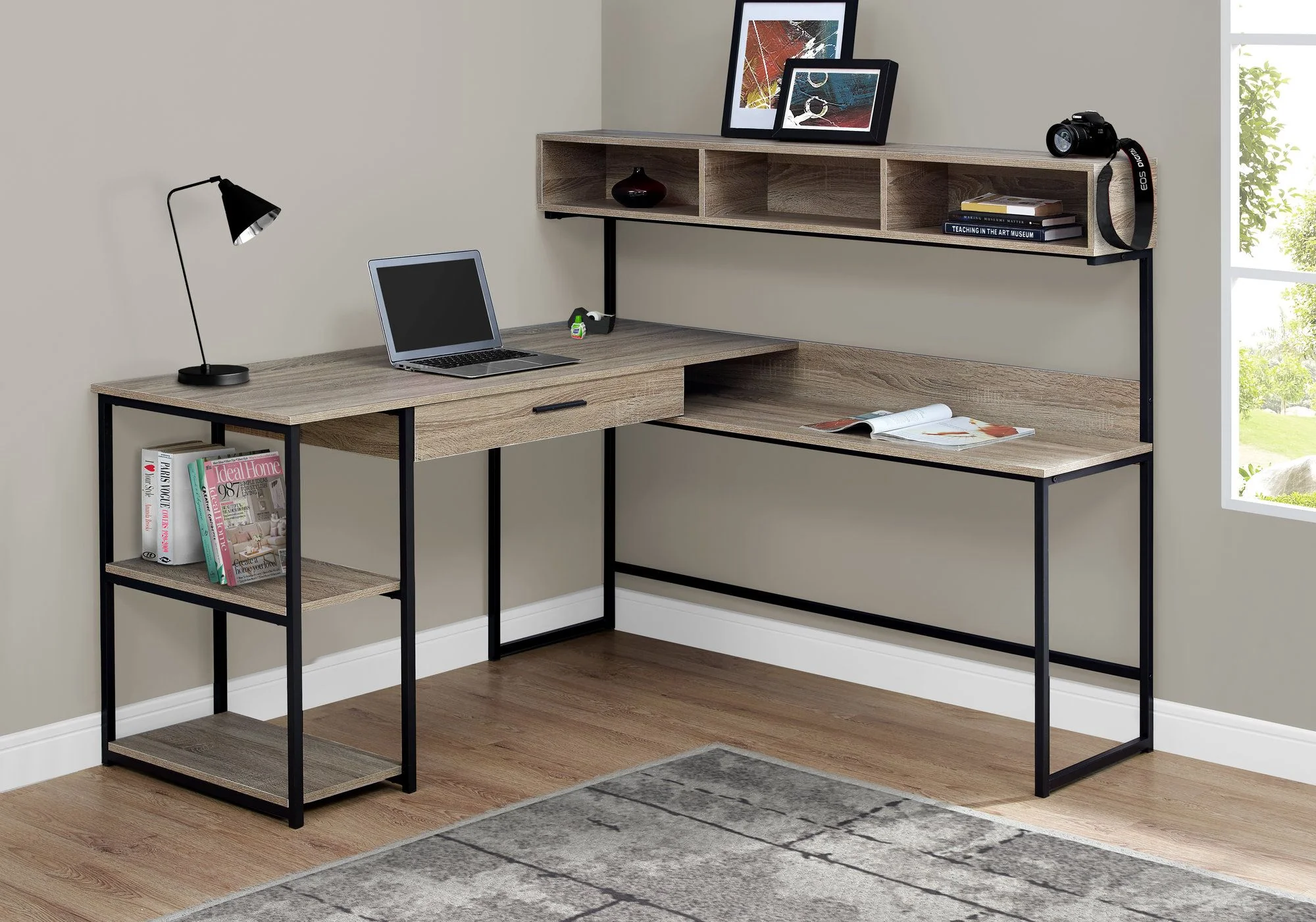 59" L-Shaped Corner Desk in Taupe & Black Metal - Image 3