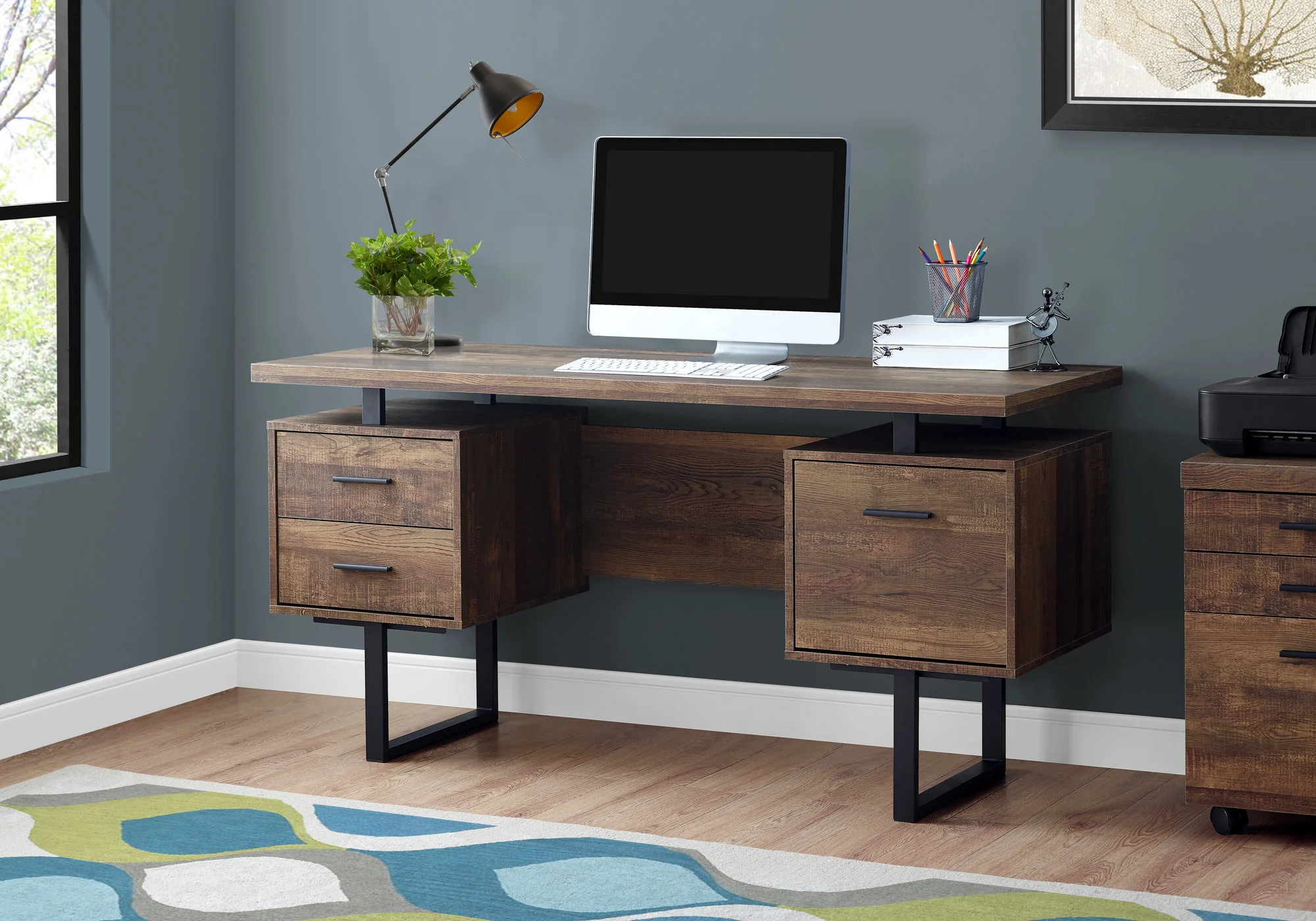 Trendy Brown Wood Grain Office Desk w/ Black Metal Accents - Image 2