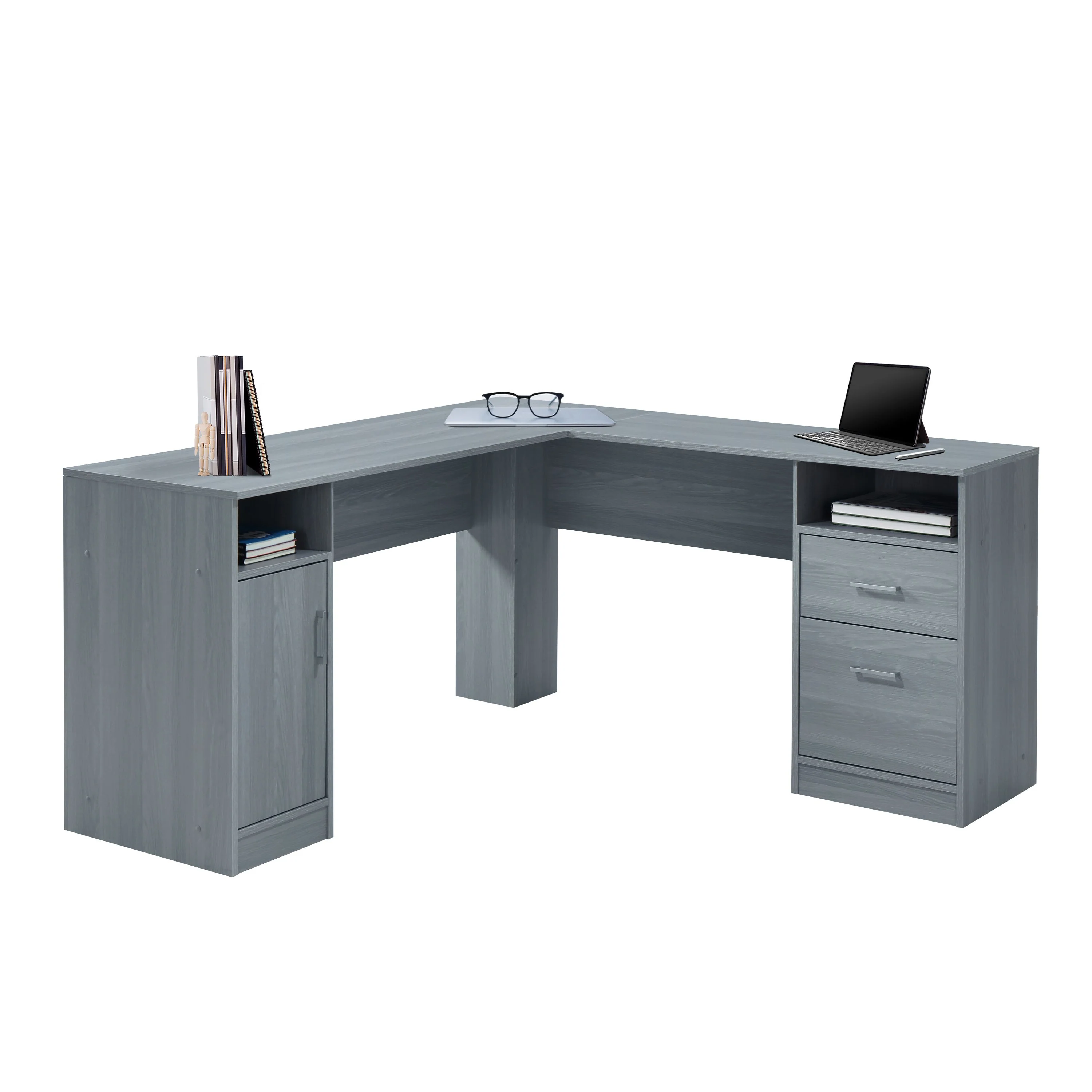 60" Gray L-Desk with Dual Cabinets - Image 2