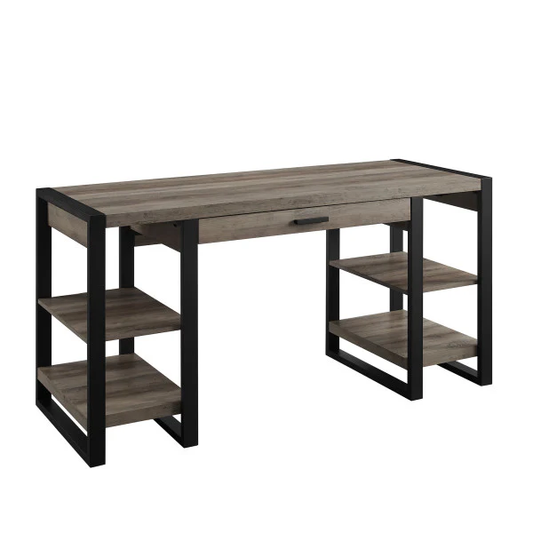 60" Gray Woodgrain Executive Desk with Built-in Shelving - Image 3