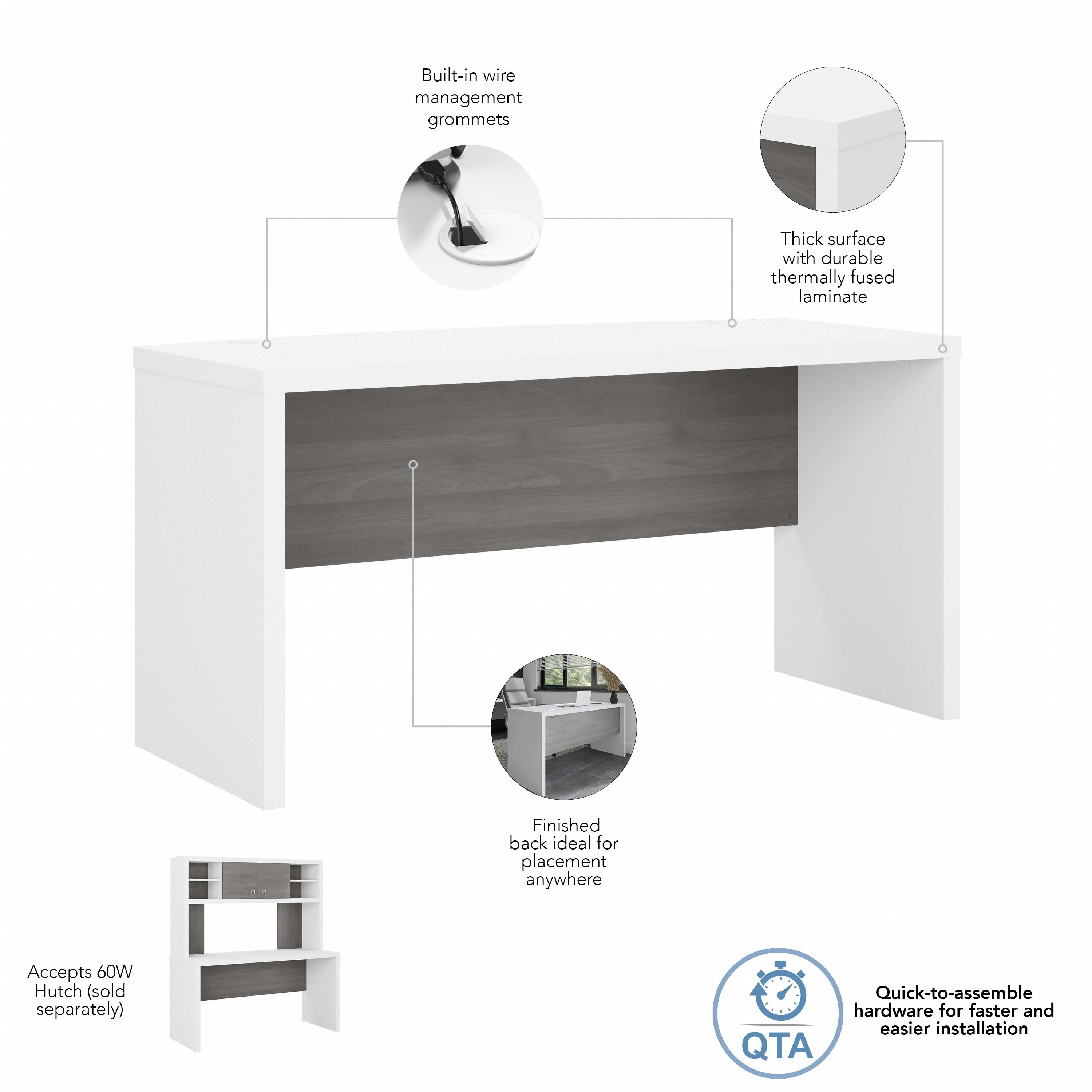 60" Modern Narrow Office Desk in Pure White and Modern Gray - Image 5