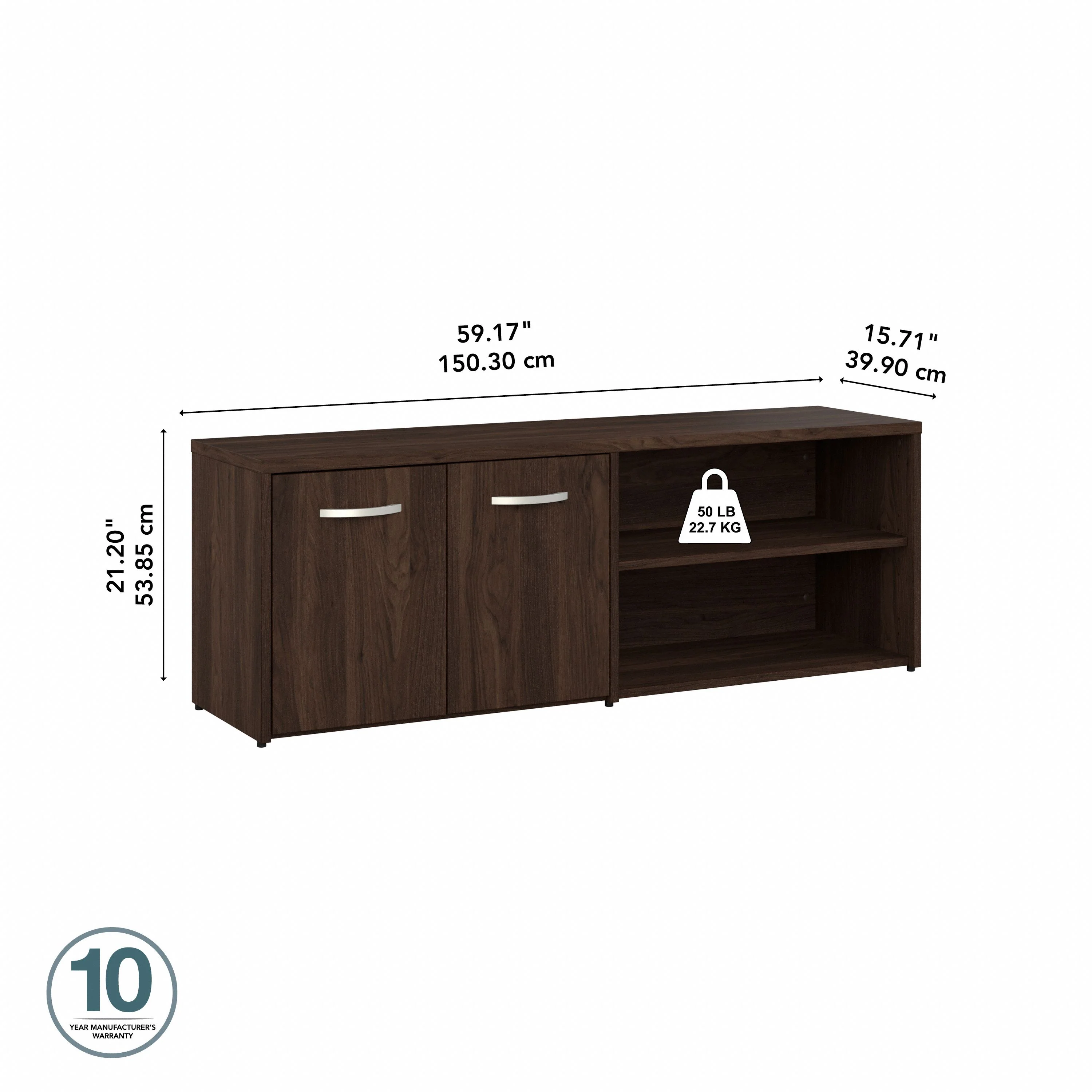 60" Low Modern Credenza with Doors and Shelves in Black Walnut - Image 6