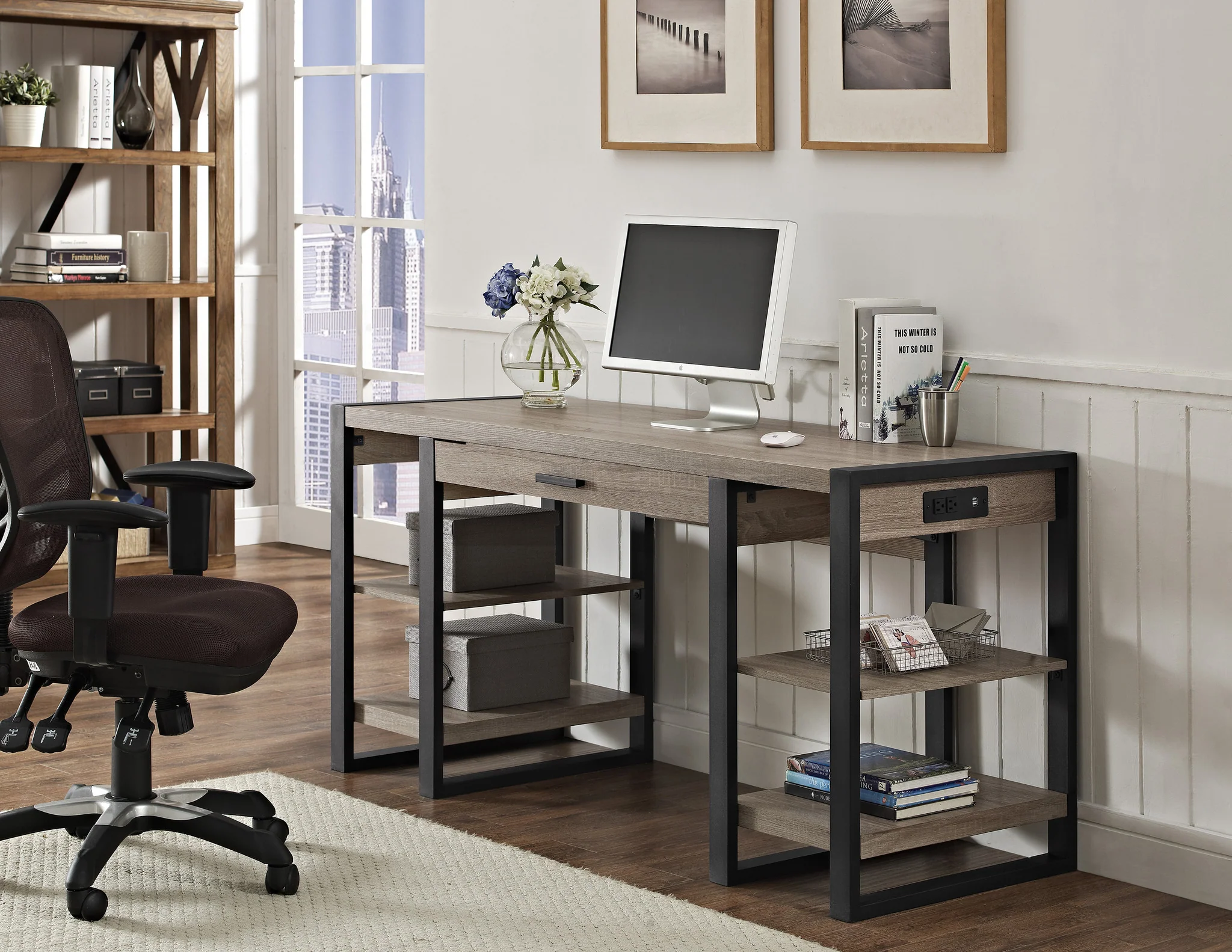 60" Modern Desk with Built-In Plugs in Driftwood Finish - Image 3