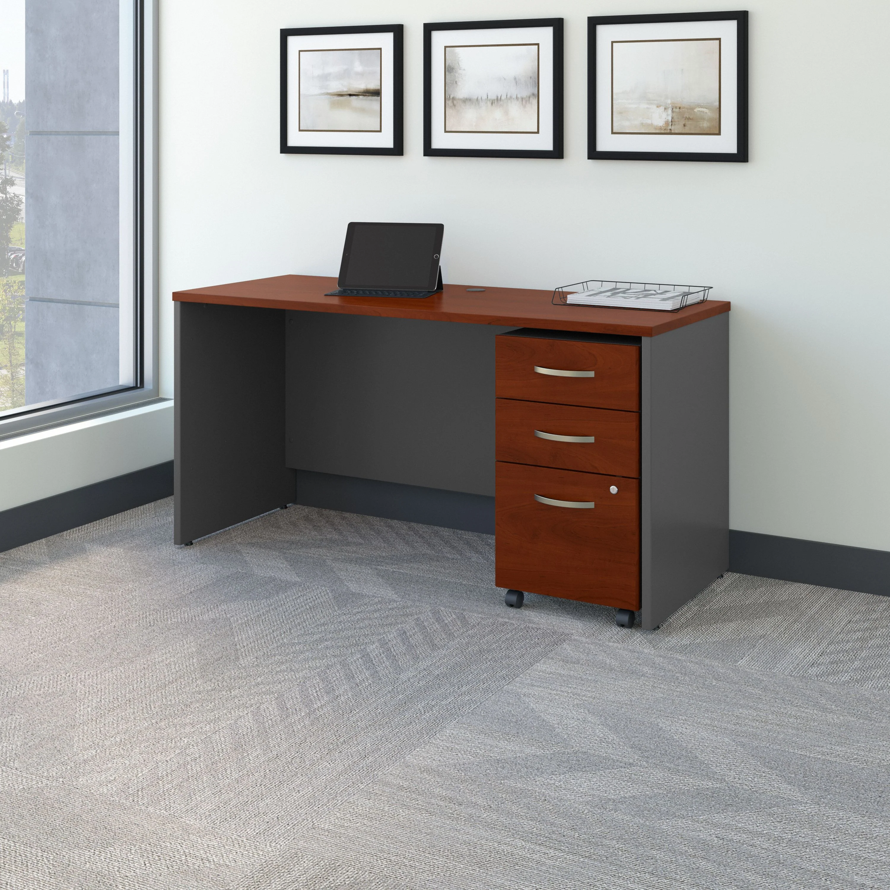 60" Modern Office Desk with Mobile Pedestal in Hansen Cherry - Image 2