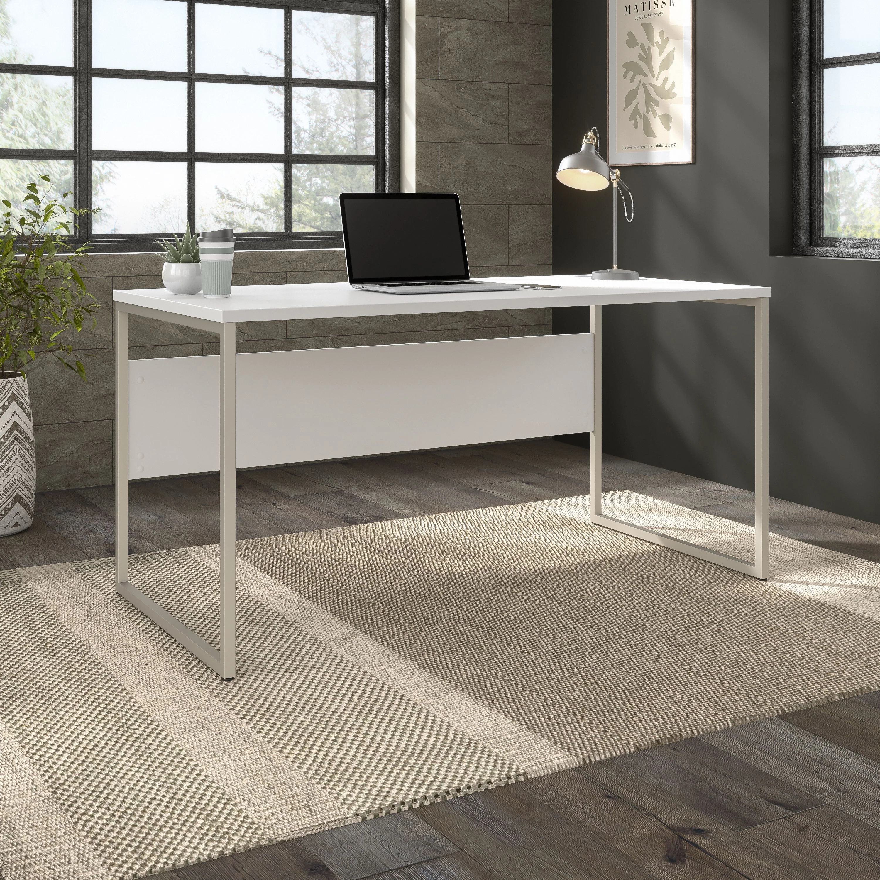 60" Elegant Modern Office Desk with Metal Legs in White - Image 2