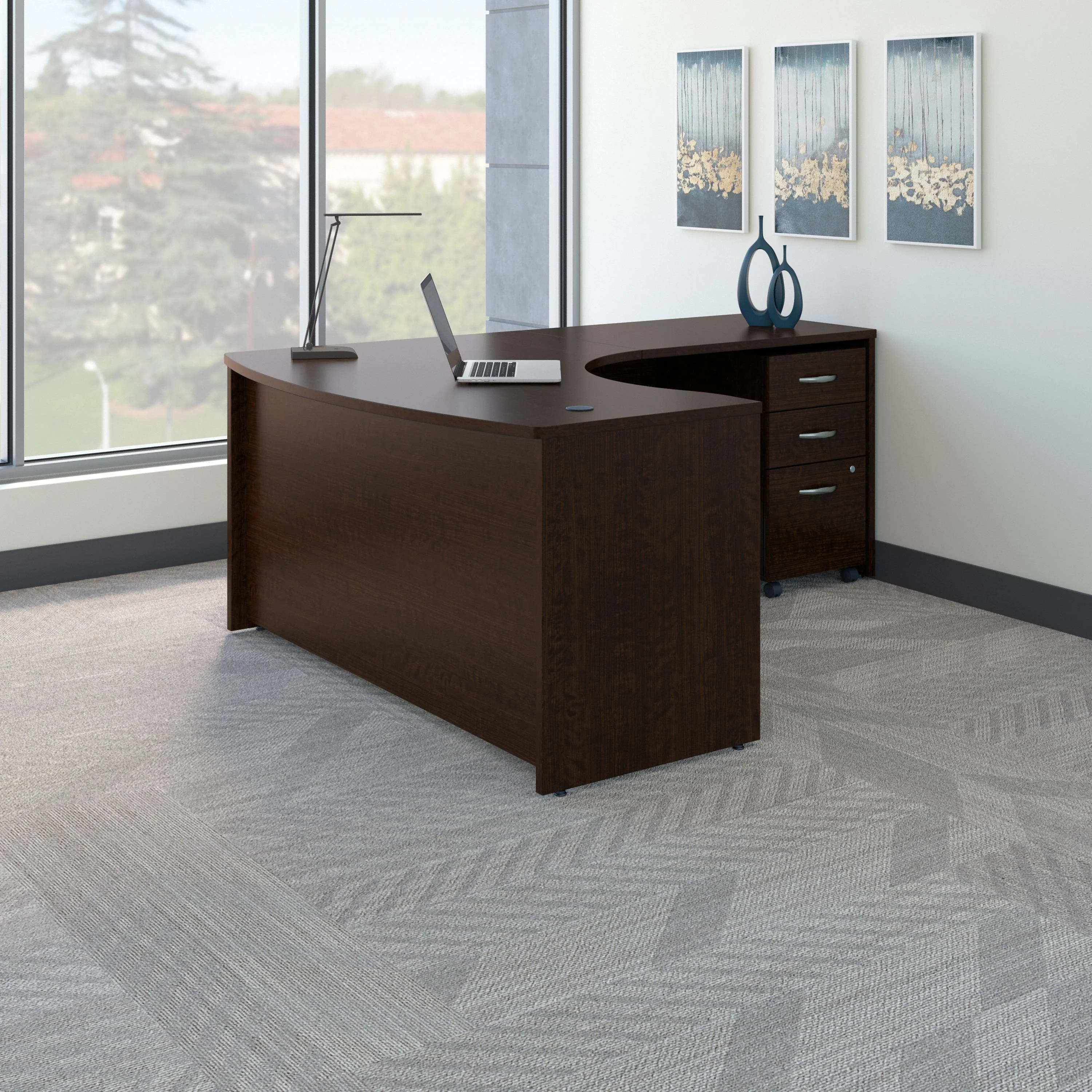60" Right-Handed L-shaped Desk with 3-Drawer Mobile Pedestal in Mocha Cherry