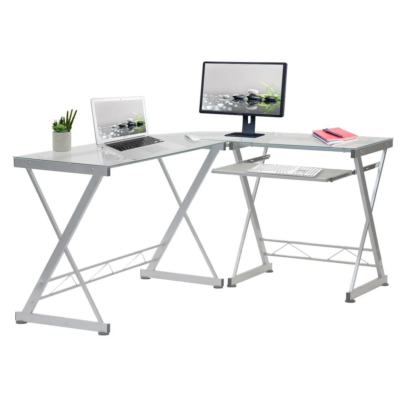 62" Glass L-Shaped Desk with Keyboard Tray - Image 3