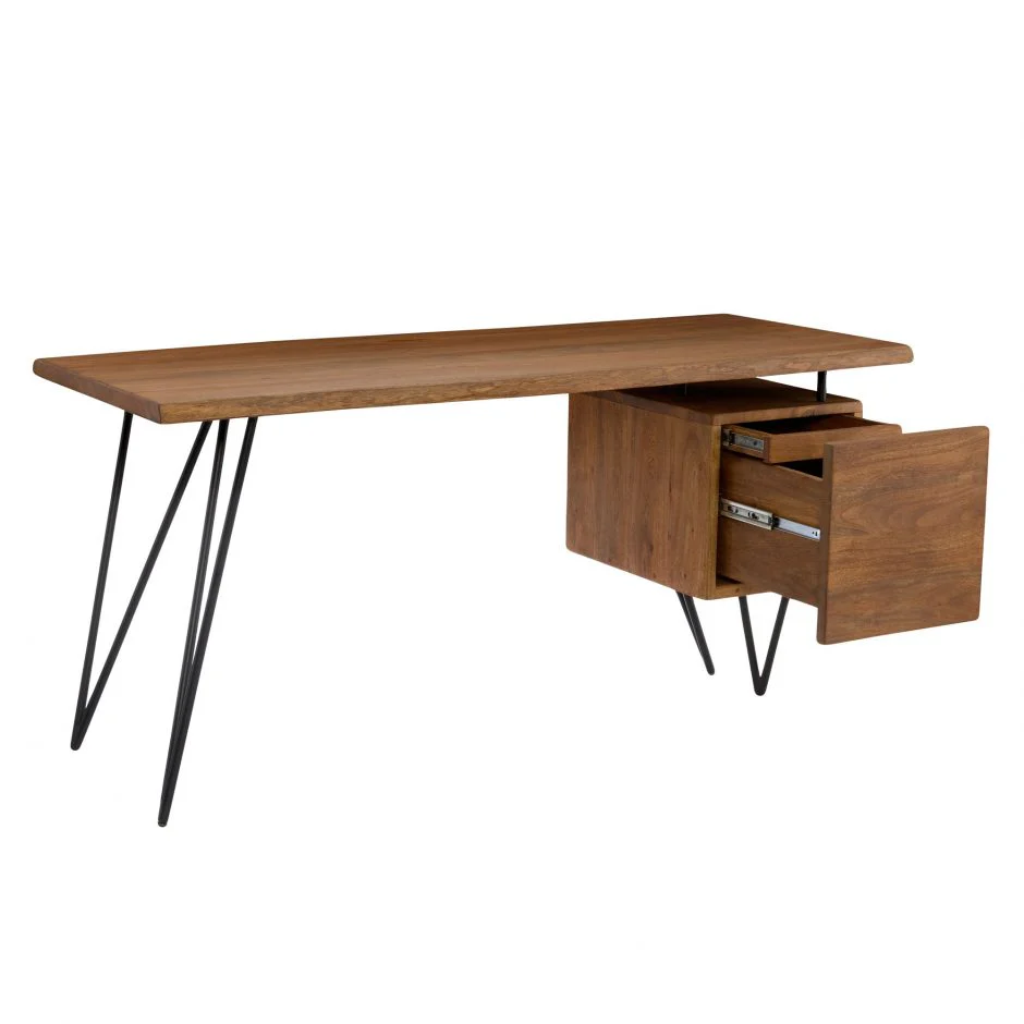 64" Modern Desk with Solid Acacia Top & Iron Legs - Image 3