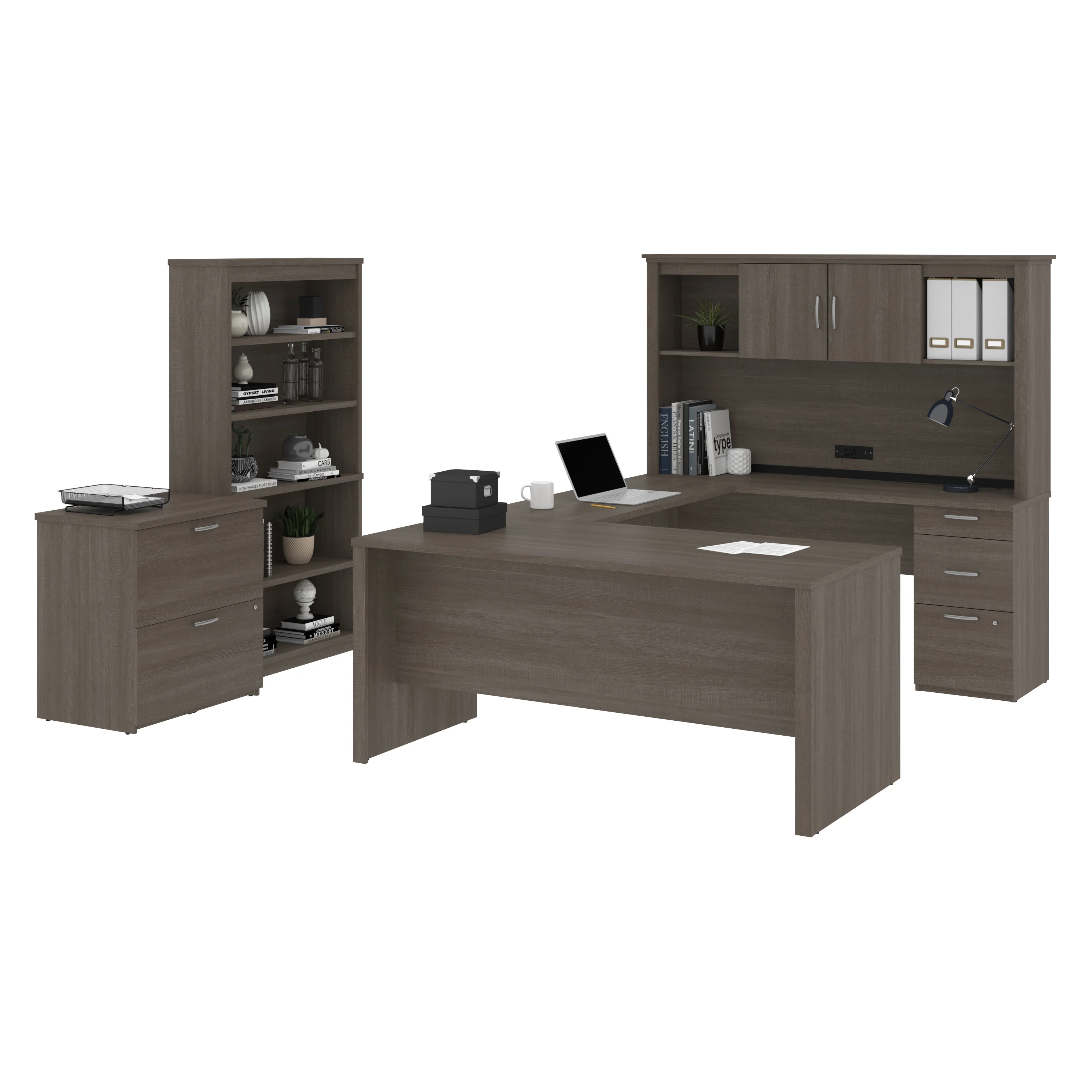 66" U- or L-Shaped Desk Set with File & Bookcase in Bark Gray - Image 2