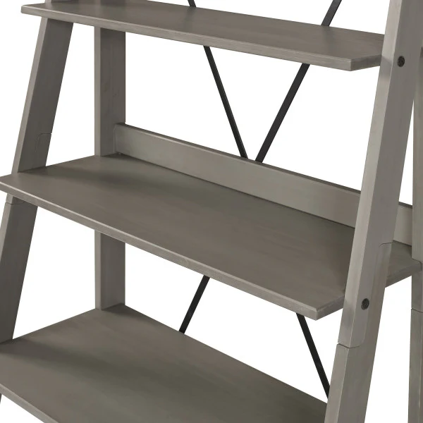 68" Gray Woodgrain Solid Wood Ladder Bookshelf - Image 3