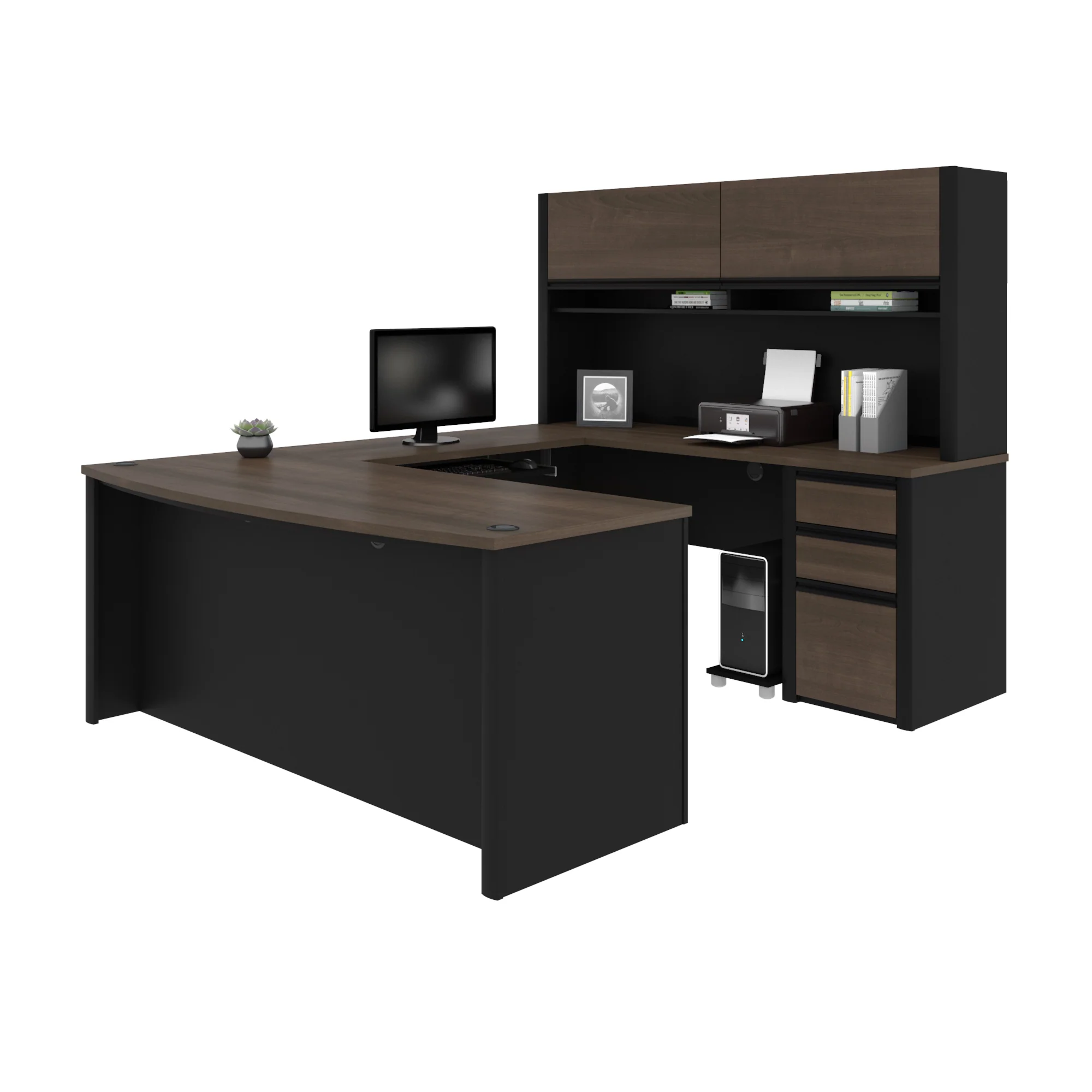 71" Executive U-Shaped Desk with File Drawers and Hutch in Antigua and Black - Image 2