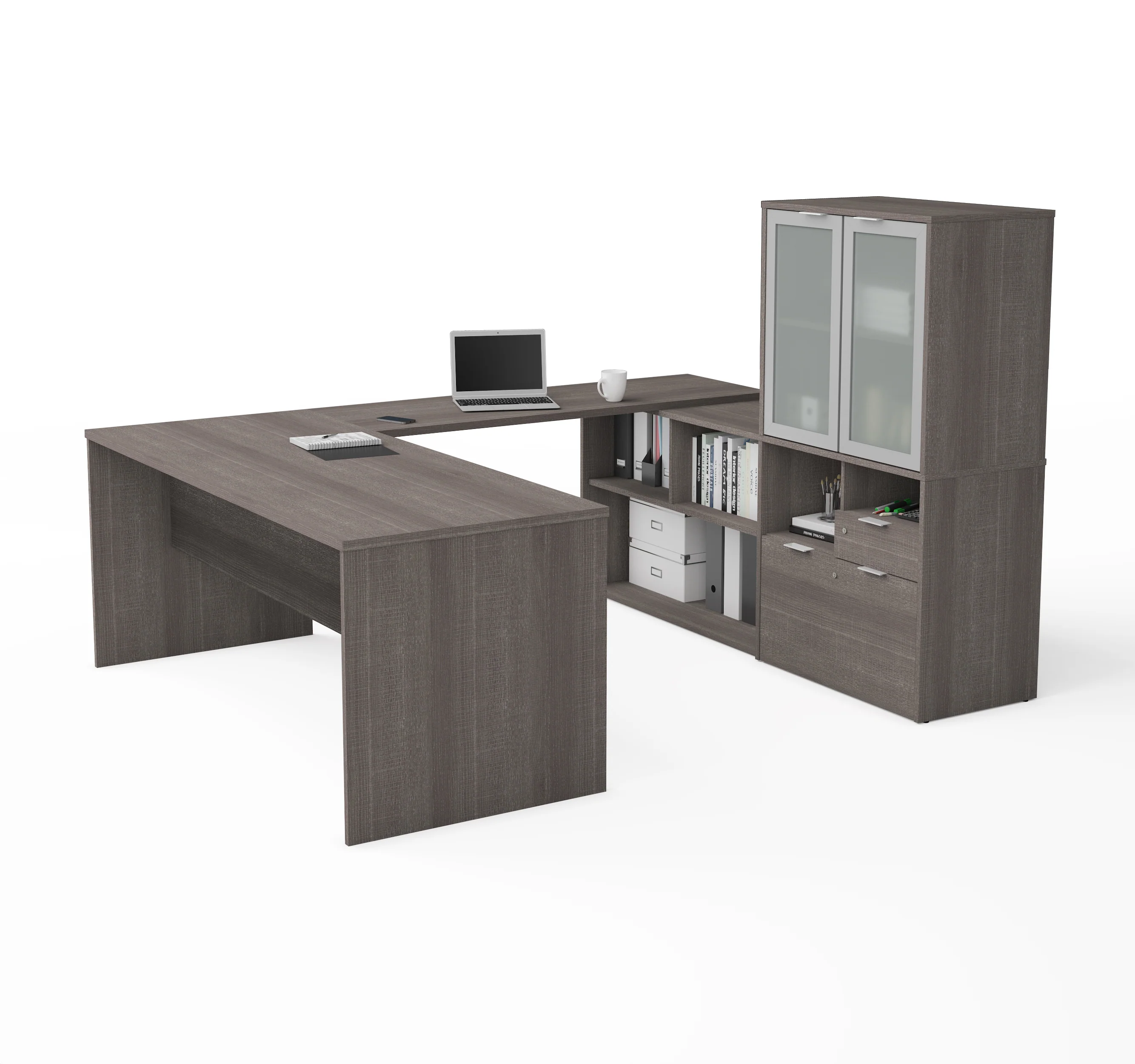 71" X 88" U-Shaped Desk in Bark Gray with Frosted Hutch - Image 2