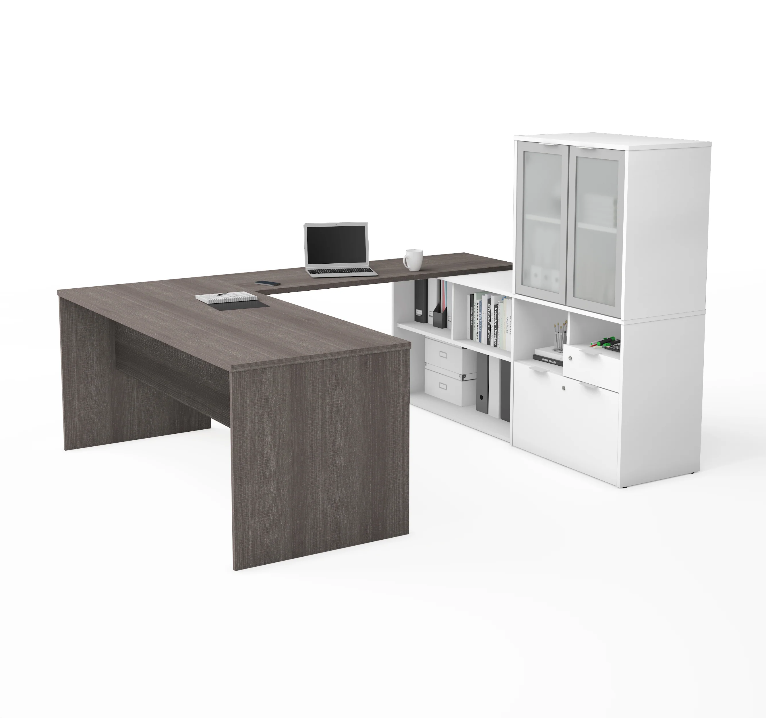 71" U-Shaped Desk with Frosted Hutch in Bark Gray and White - Image 2