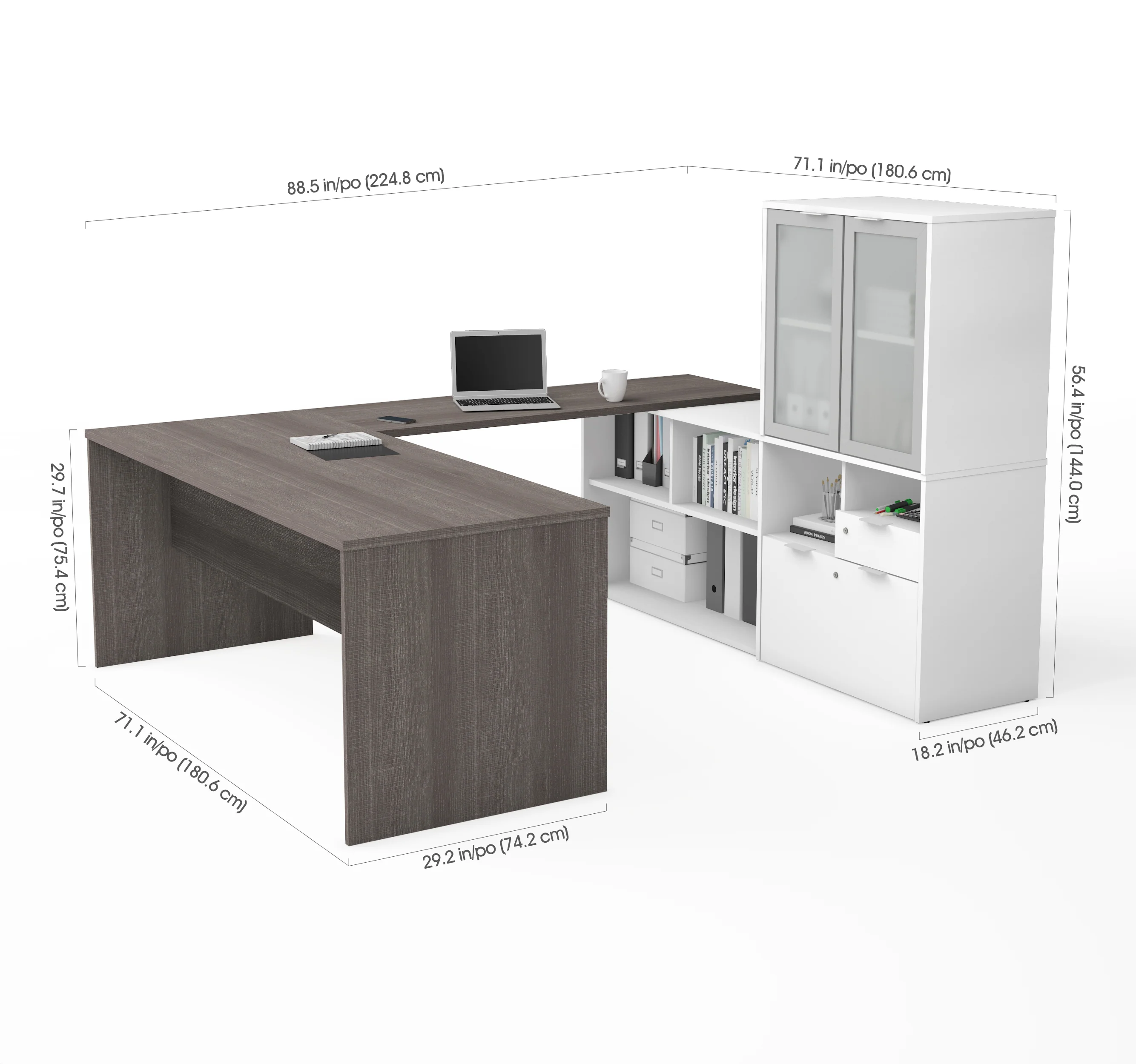 71" U-Shaped Desk with Frosted Hutch in Bark Gray and White - Image 3