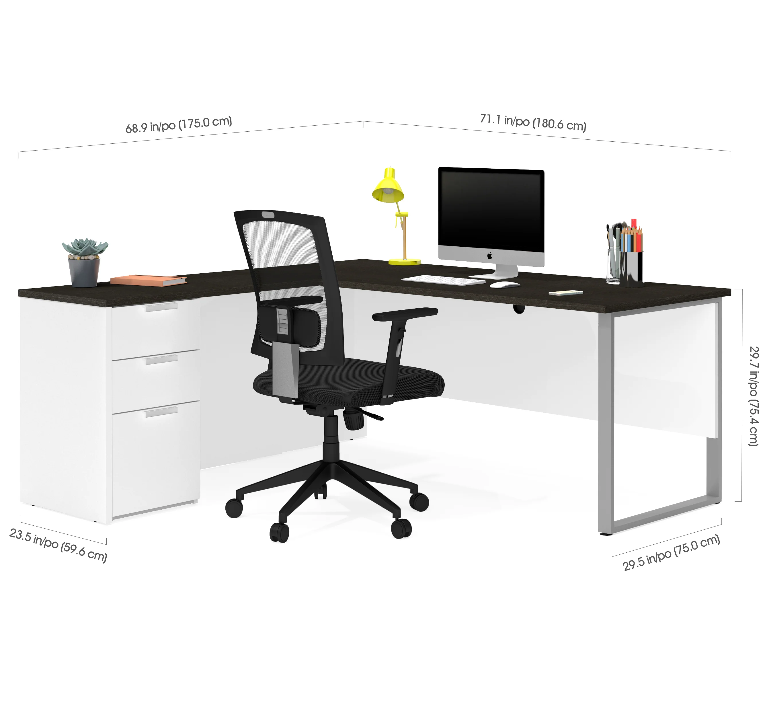 71" x 69" Single Pedestal L-shaped Desk in White & Deep Gray - Image 3