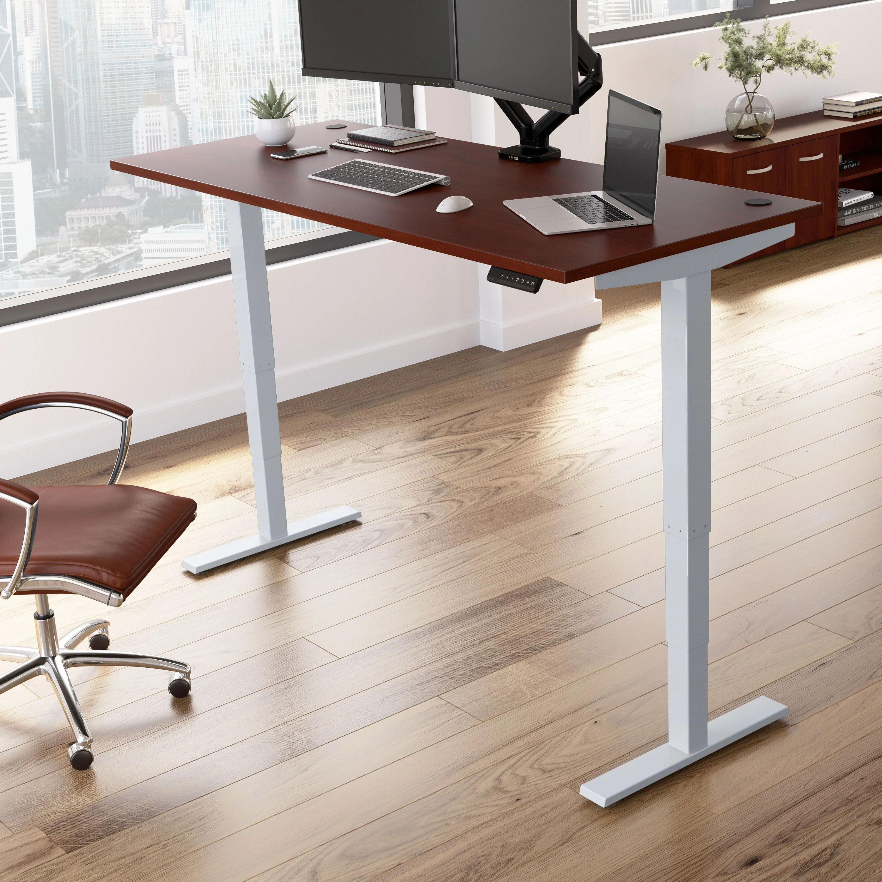 72" Large Modern Adjustable Standing Office Desk in Hansen Cherry with Metallic Base - Image 3