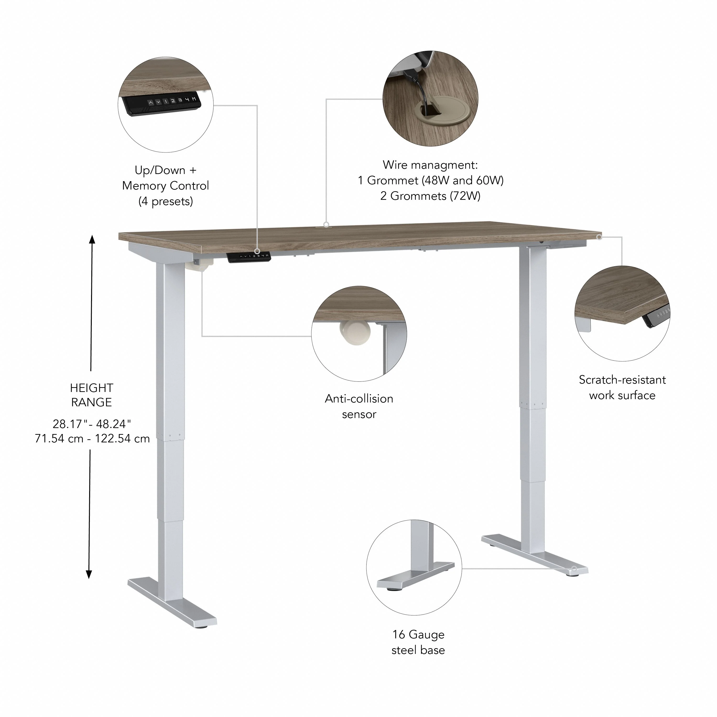 72" Large Modern Adjustable Standing Office Desk in Modern Hickory with Metallic Base - Image 3