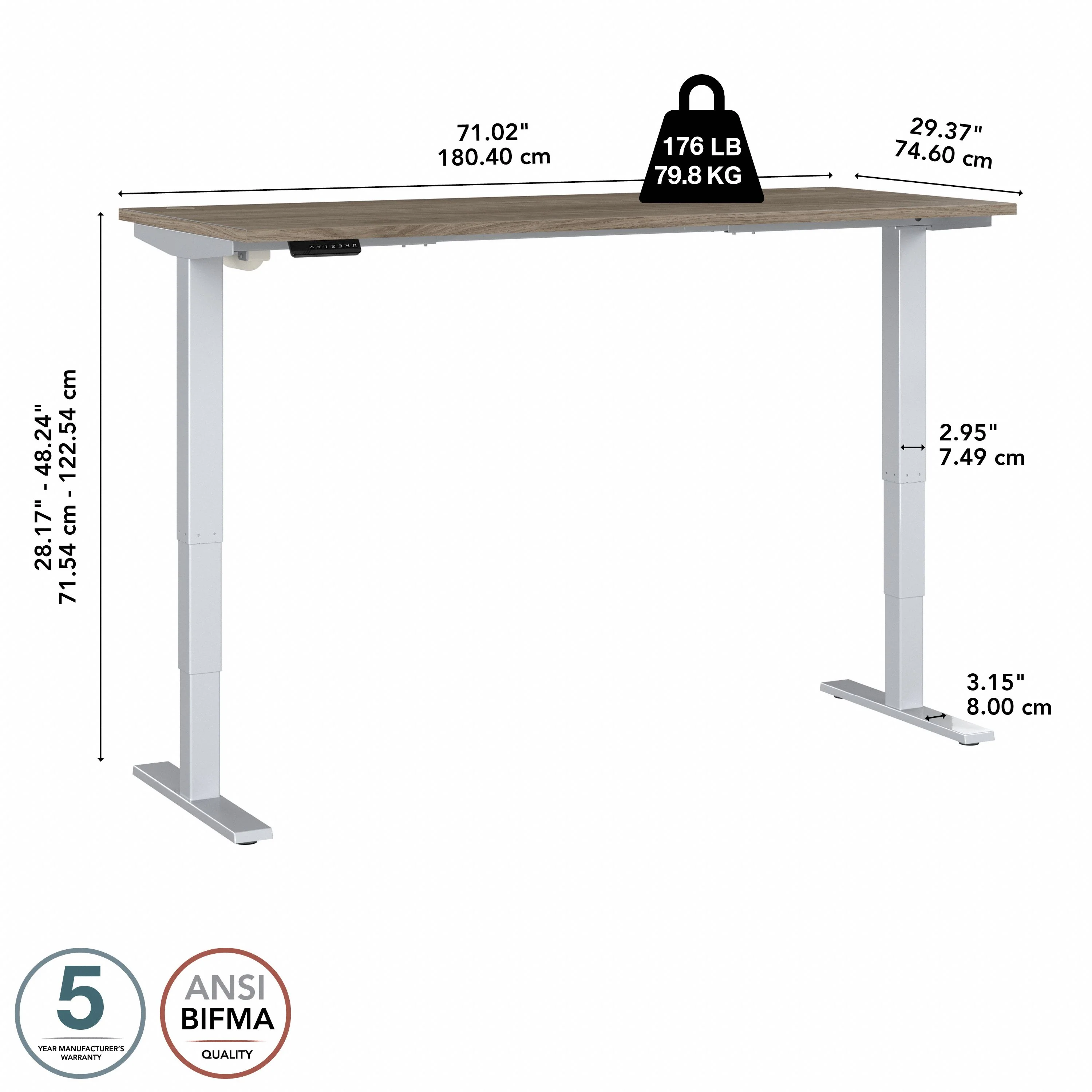 72" Large Modern Adjustable Standing Office Desk in Modern Hickory with Metallic Base - Image 4