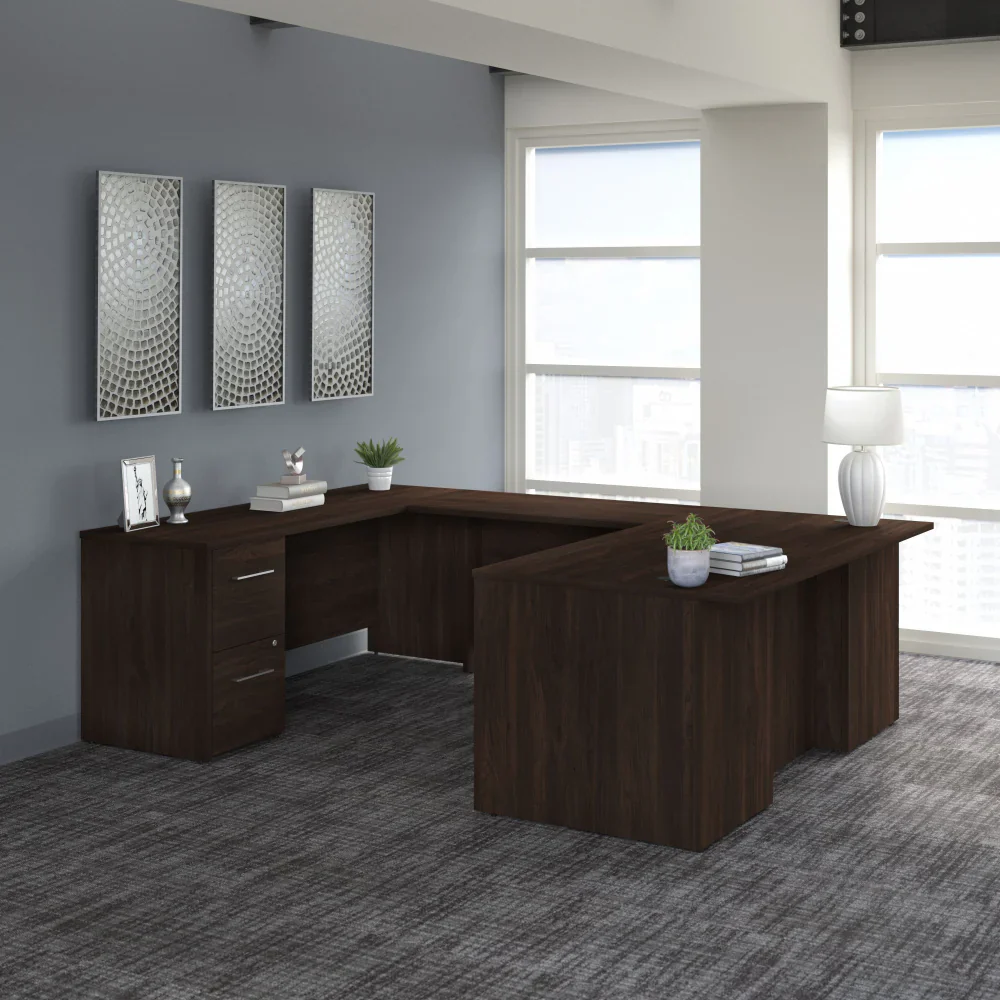 72" Black Walnut Breakfront U-Shaped Executive Desk
