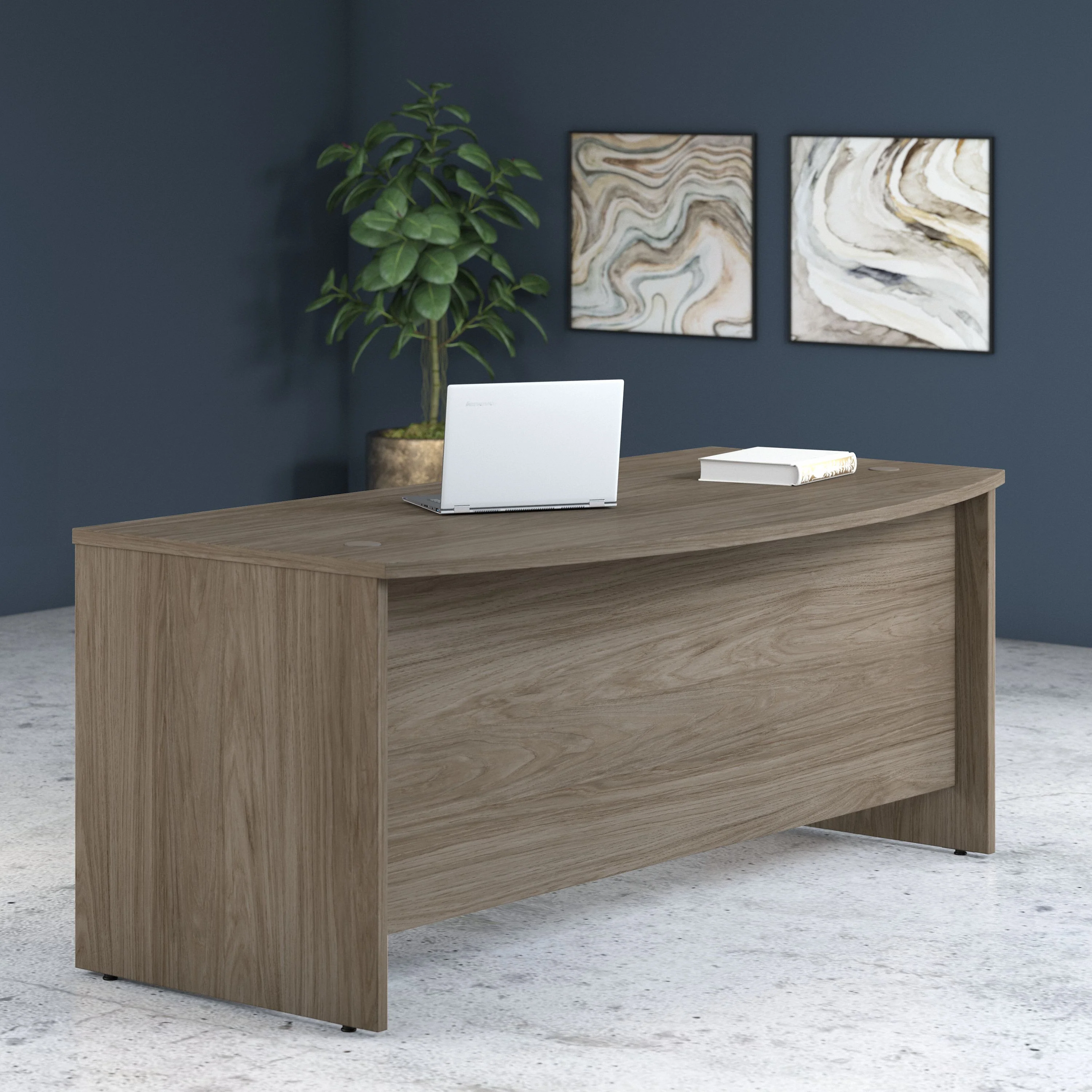 72" Bow-Front Office Desk with Privacy Panel in Modern Hickory - Image 2