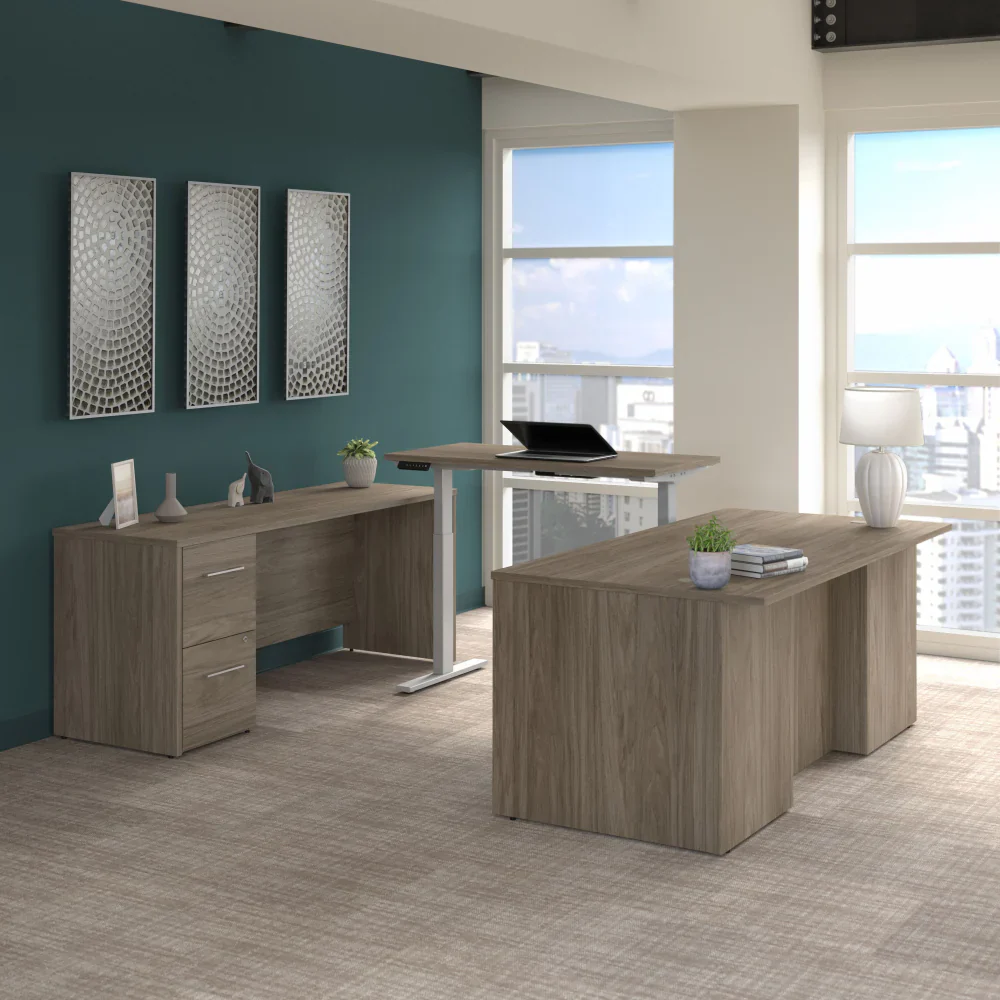 72" Modern Hickory U-Shaped Executive Desk with Height Adjustable Bridge