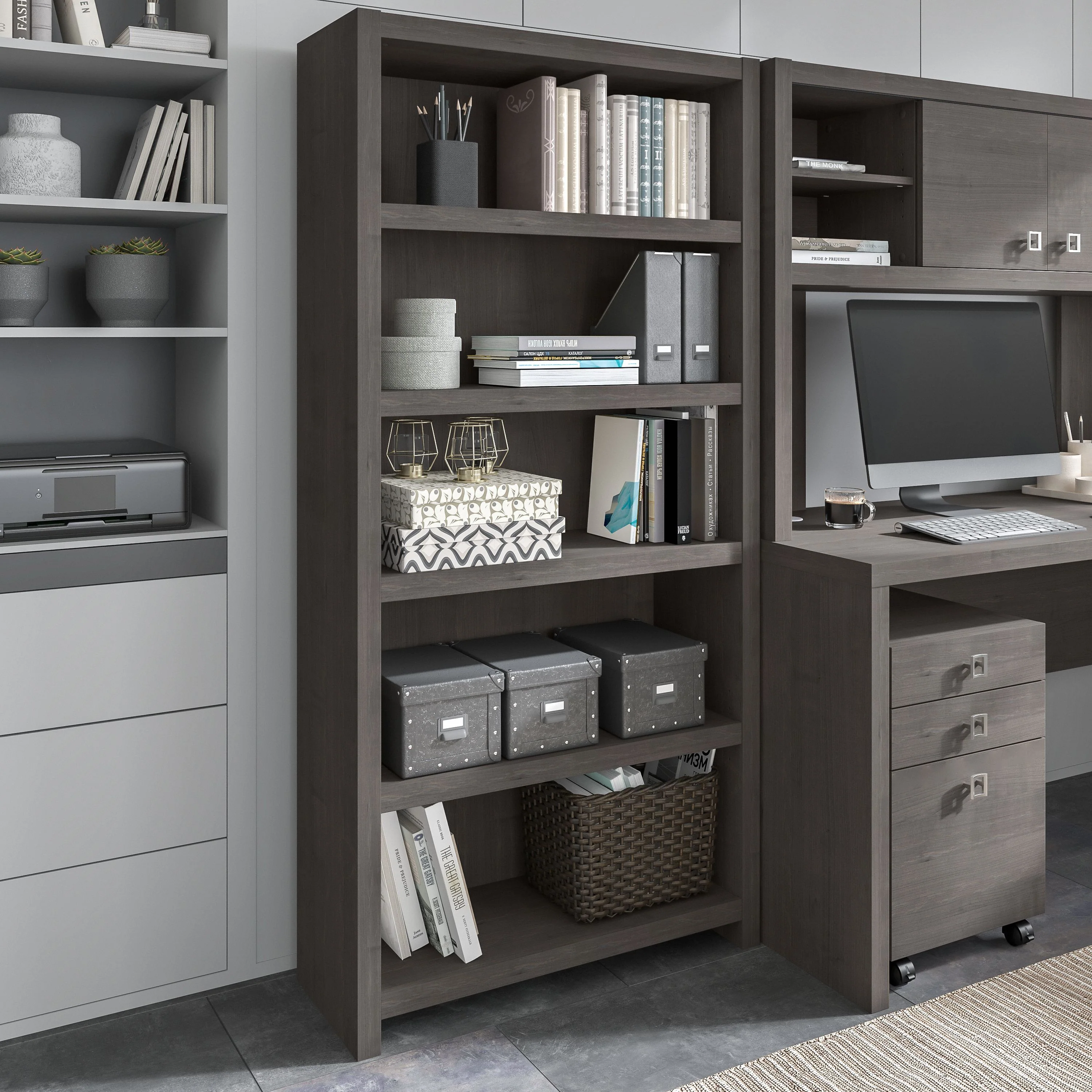 72" Modern L-Shaped Bow-Front Office Desk in Charcoal Maple - Image 5