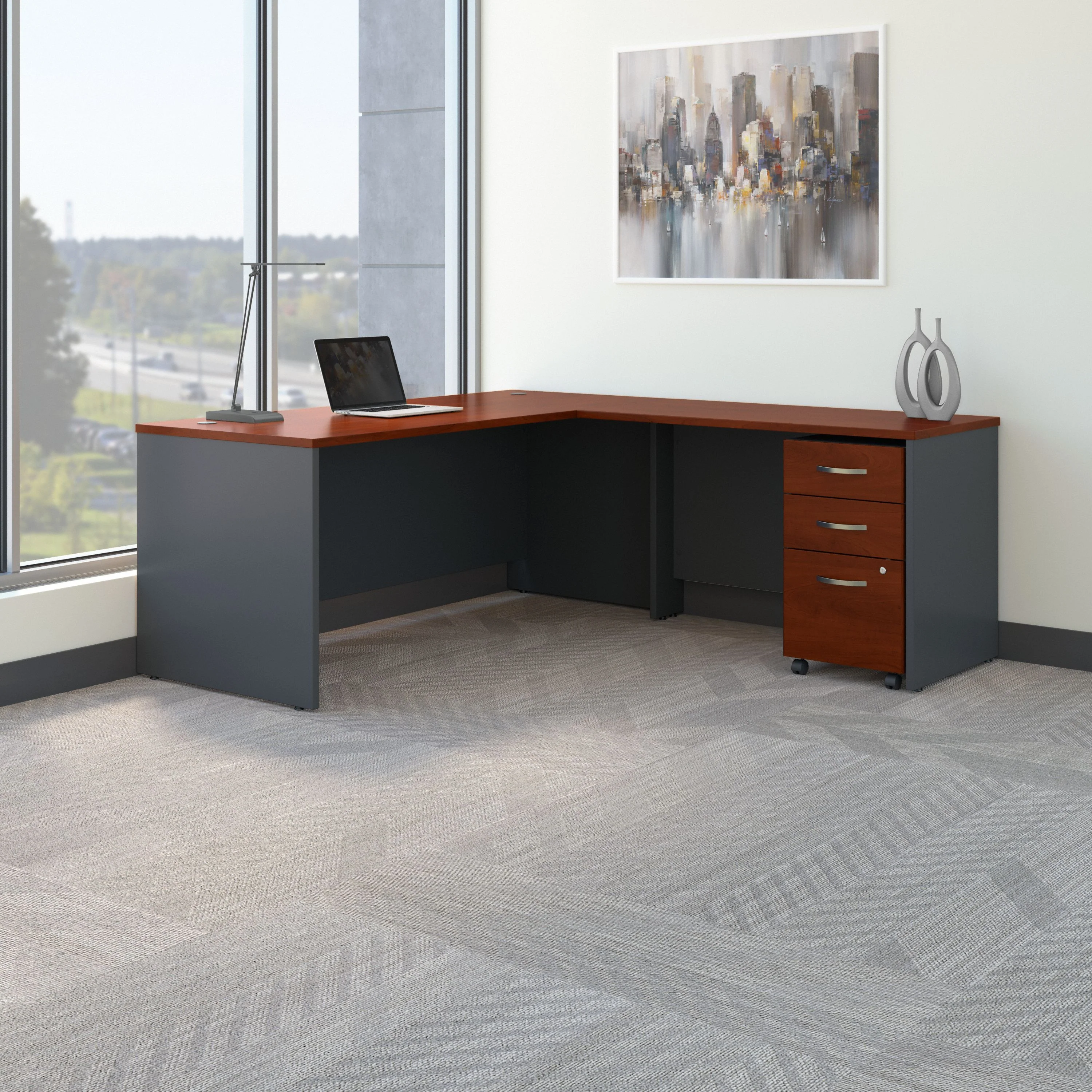 72" Modern L-shaped Desk with 3-Drawer Mobile File Cabinet in Hansen Cherry/Graphite Gray