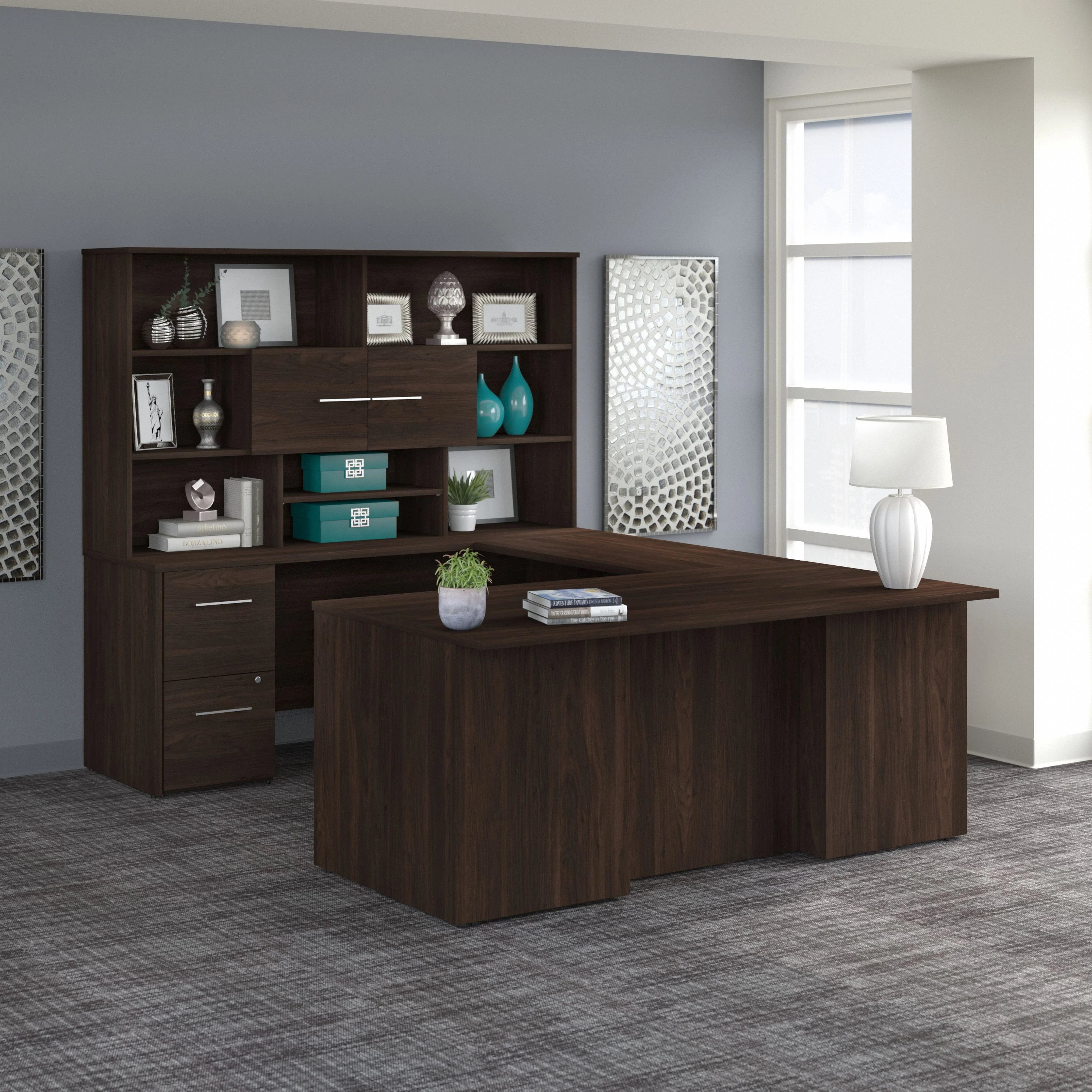 72" Modern U-Shaped Executive Office Desk with Max Storage in Black Walnut