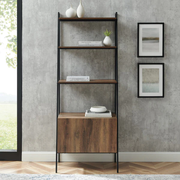 72" Rustic Oak & Metal Ladder Bookcase with Cabinet - Image 2