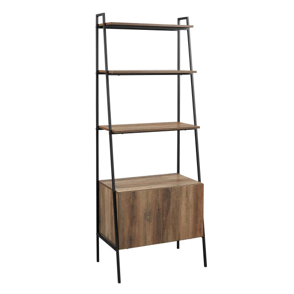 72" Rustic Oak & Metal Ladder Bookcase with Cabinet - Image 3