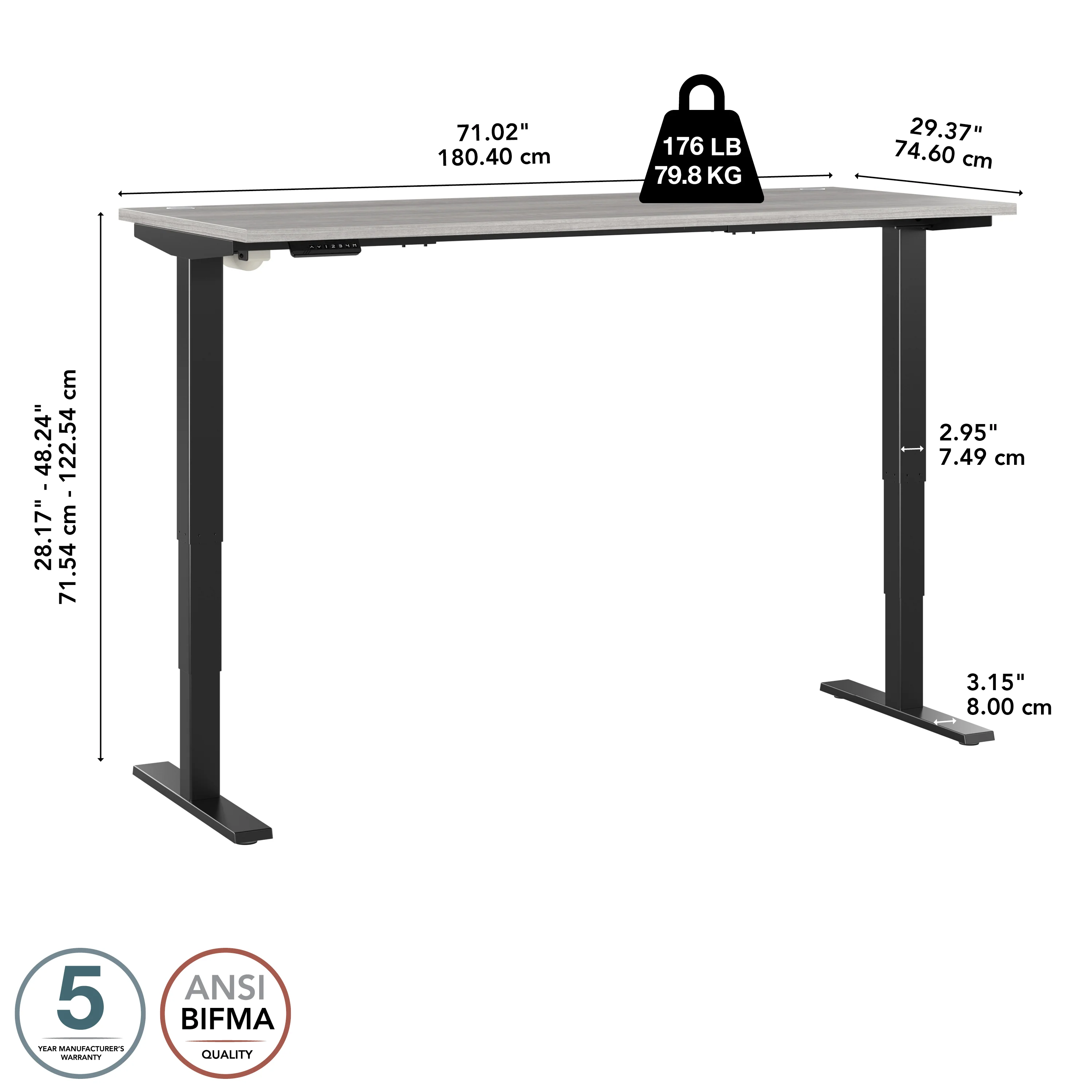 72" Large Modern Standing Office Desk in Platinum Gray with Black Base - Image 5