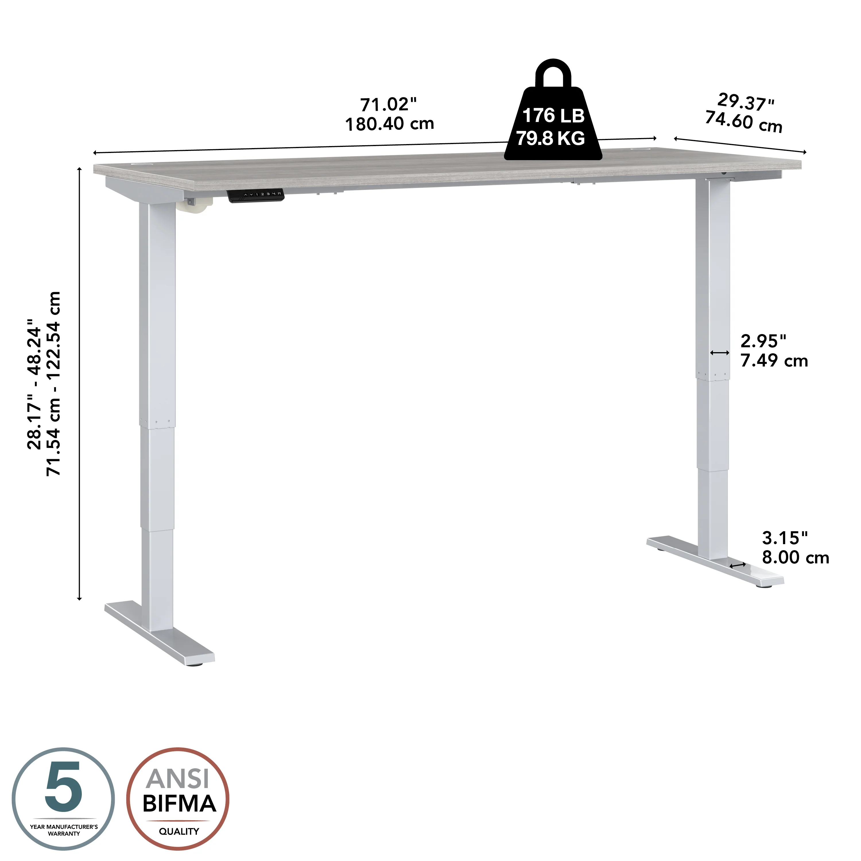 72" Large Modern Standing Office Desk in Platinum Gray with Metallic Base - Image 5